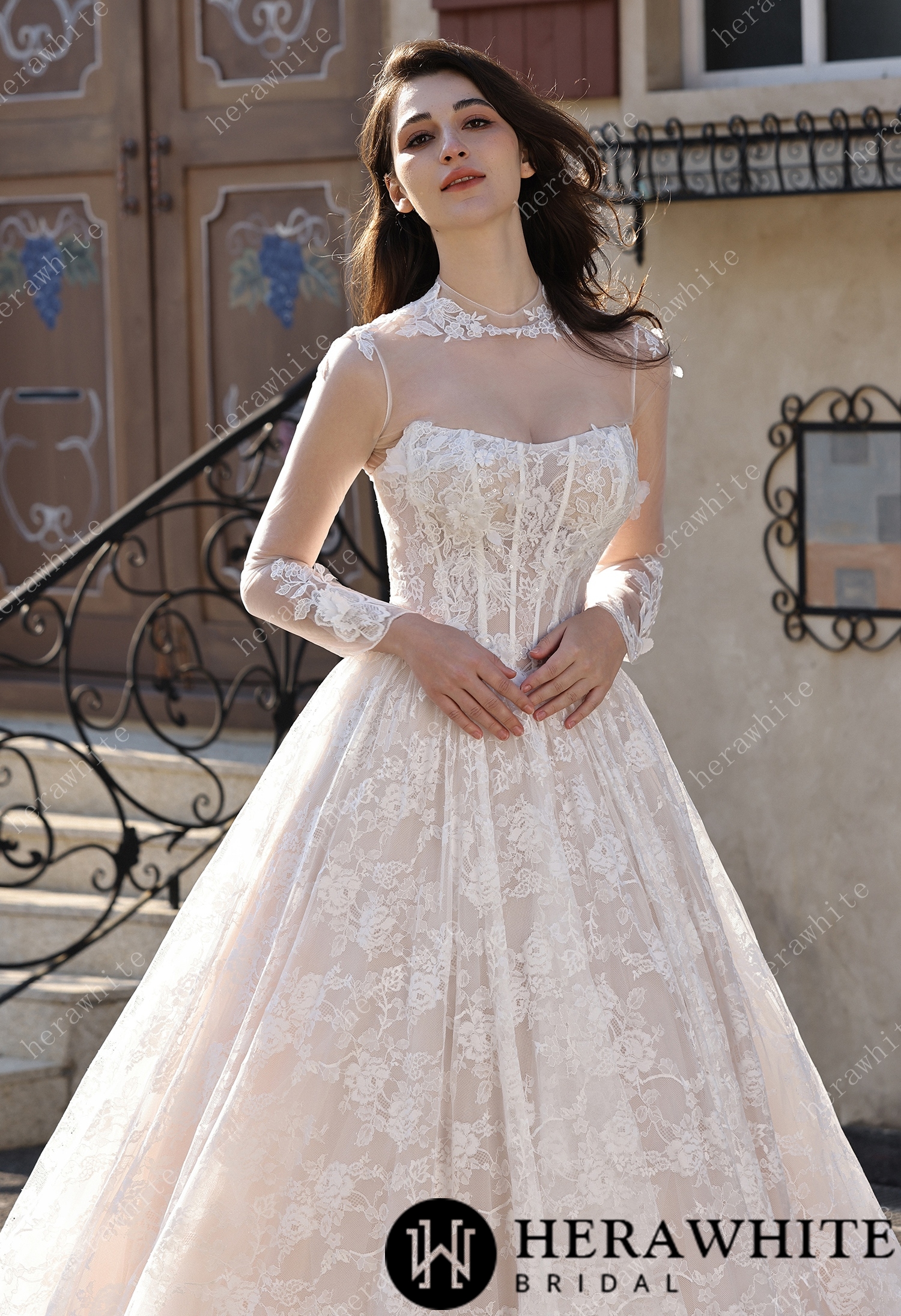 Ethereal Cat Eye Neckline Lace Ballgown Wedding With 3-D Flower Accents