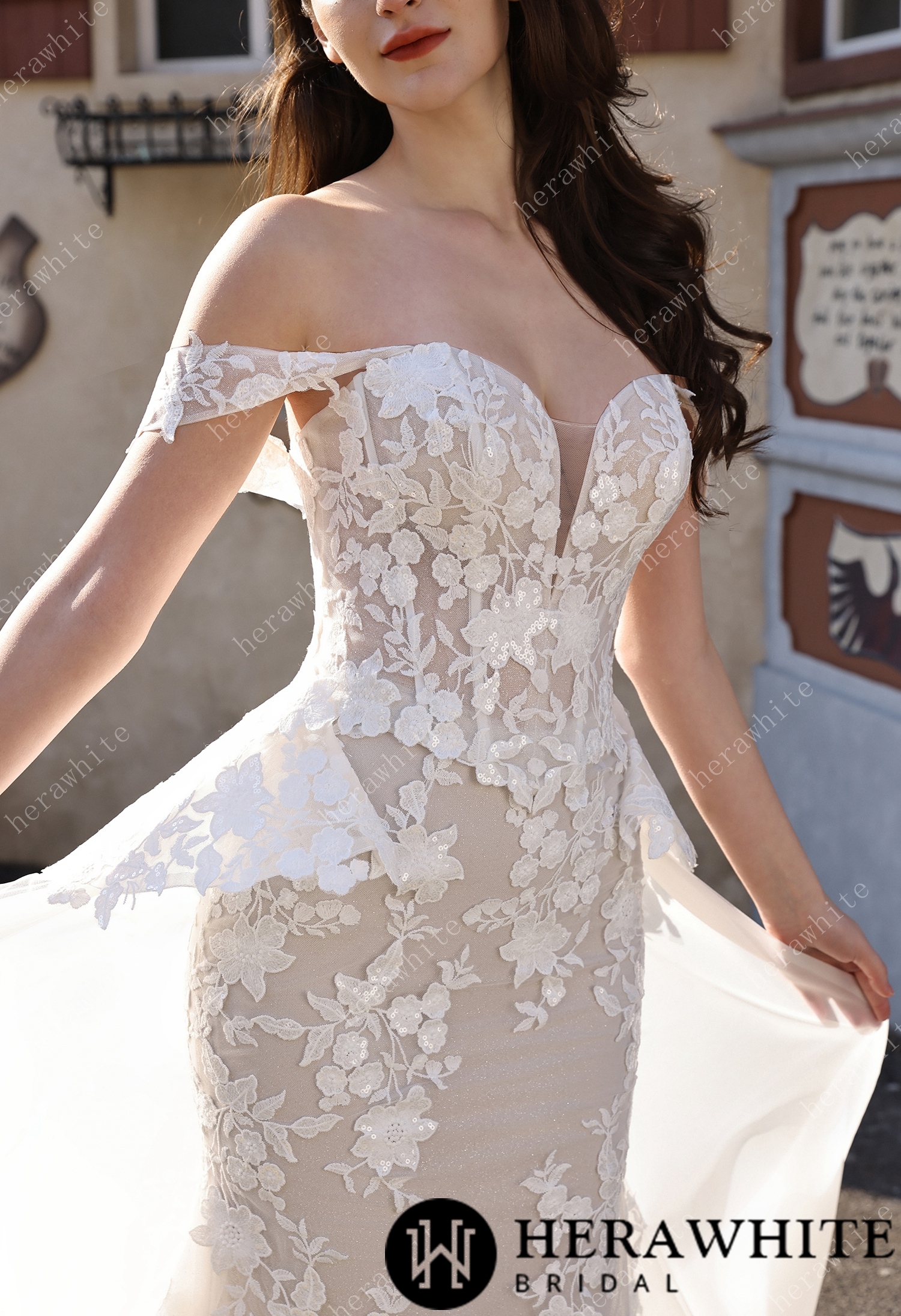 Couture Off-the-Shoulder Floral Lace Mermaid Gown With Detachable Overskirt