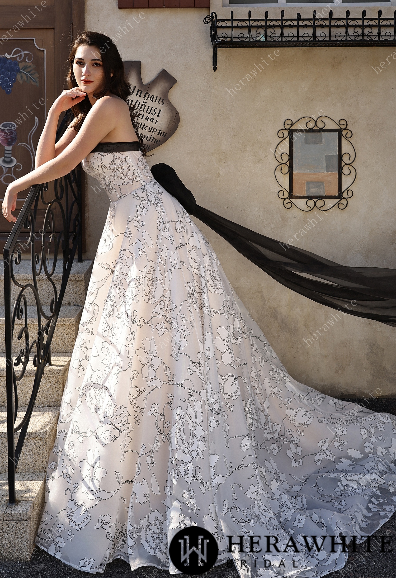 Strapless Black & Ivory Line-Art Floral Organza Bridal Gown With Back Detachable Bow