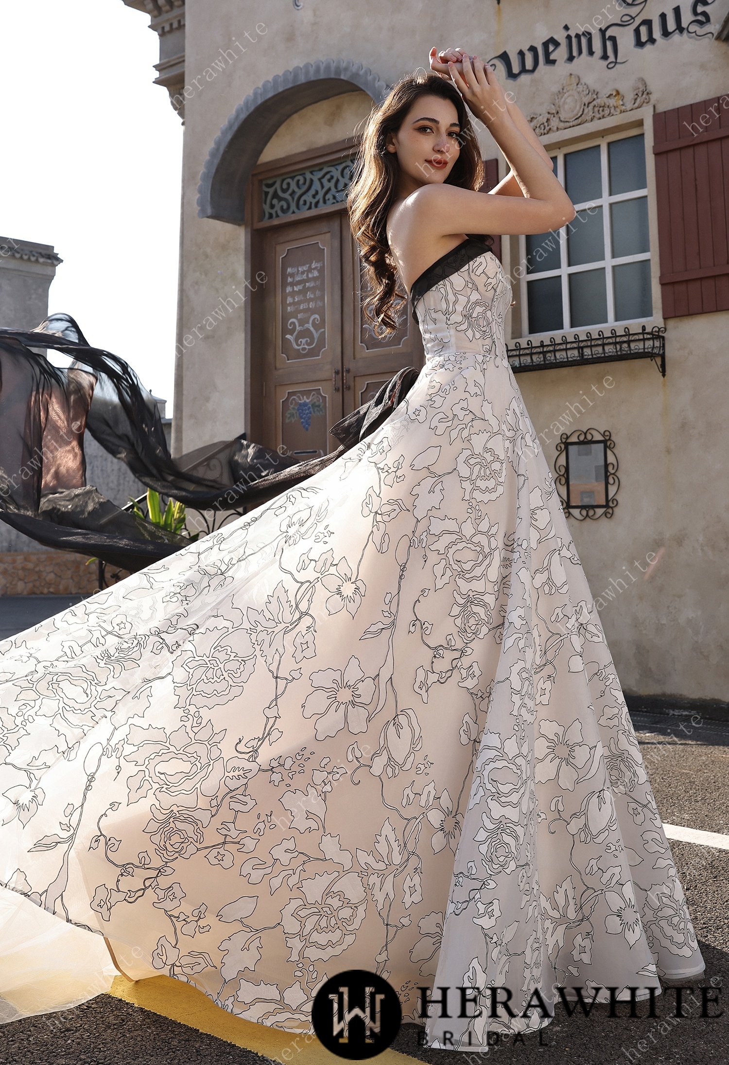 Strapless Black & Ivory Line-Art Floral Organza Bridal Gown With Back Detachable Bow