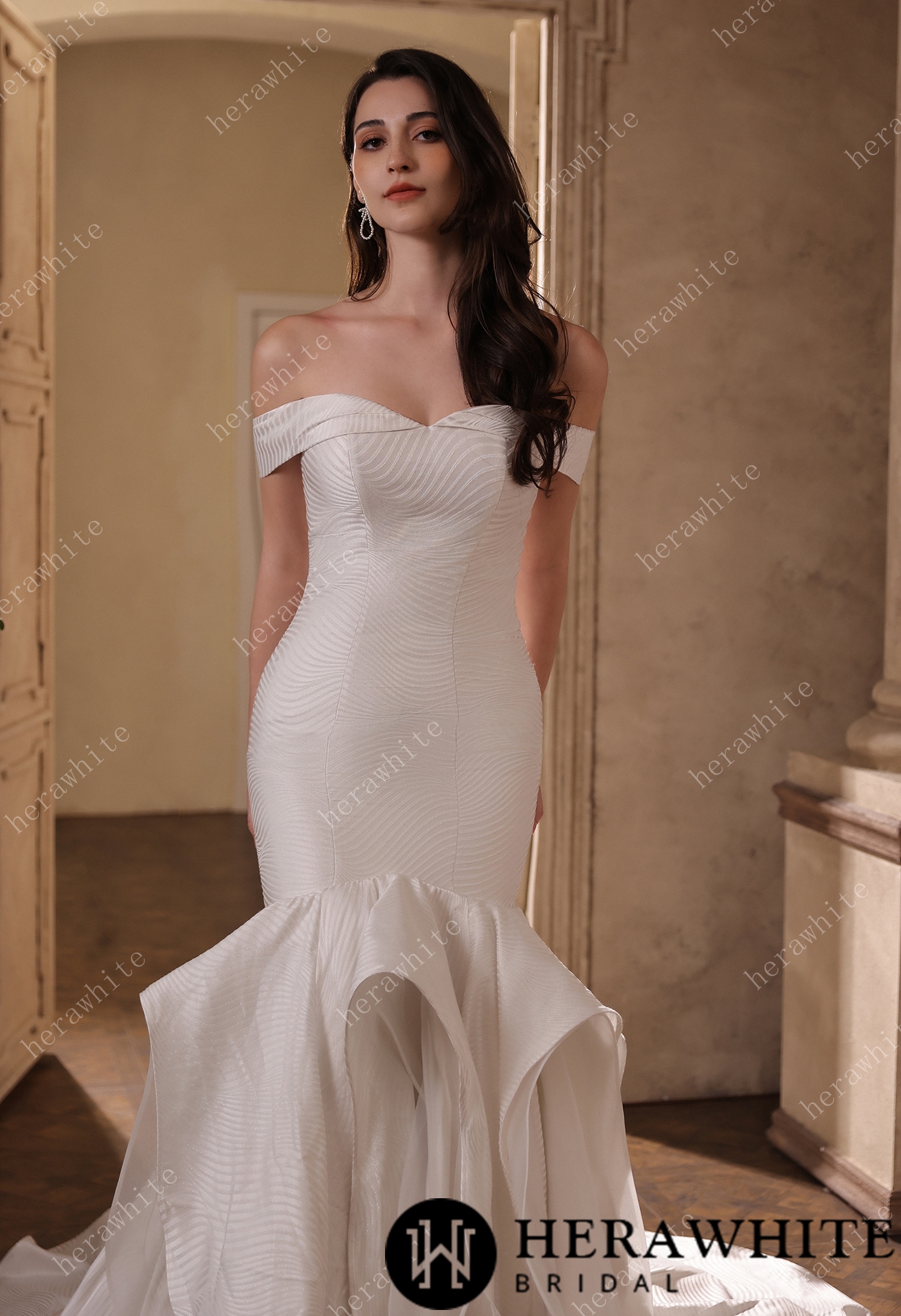 Off-the-Shoulder Textured  Fit And Flare Silhouette Wedding Dress With Ruffle Skirt