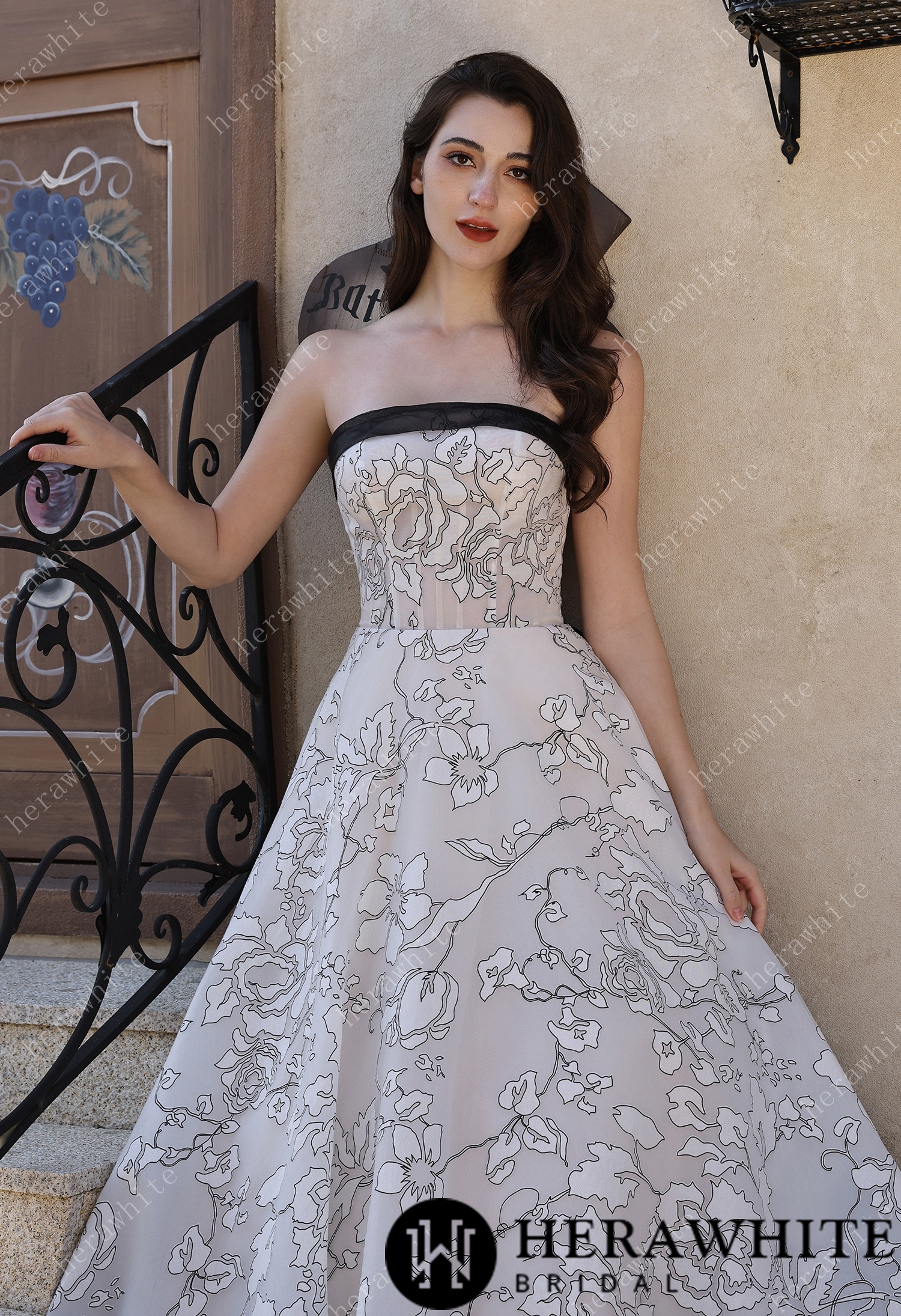 Strapless Black & Ivory Line-Art Floral Organza Bridal Gown With Back Detachable Bow