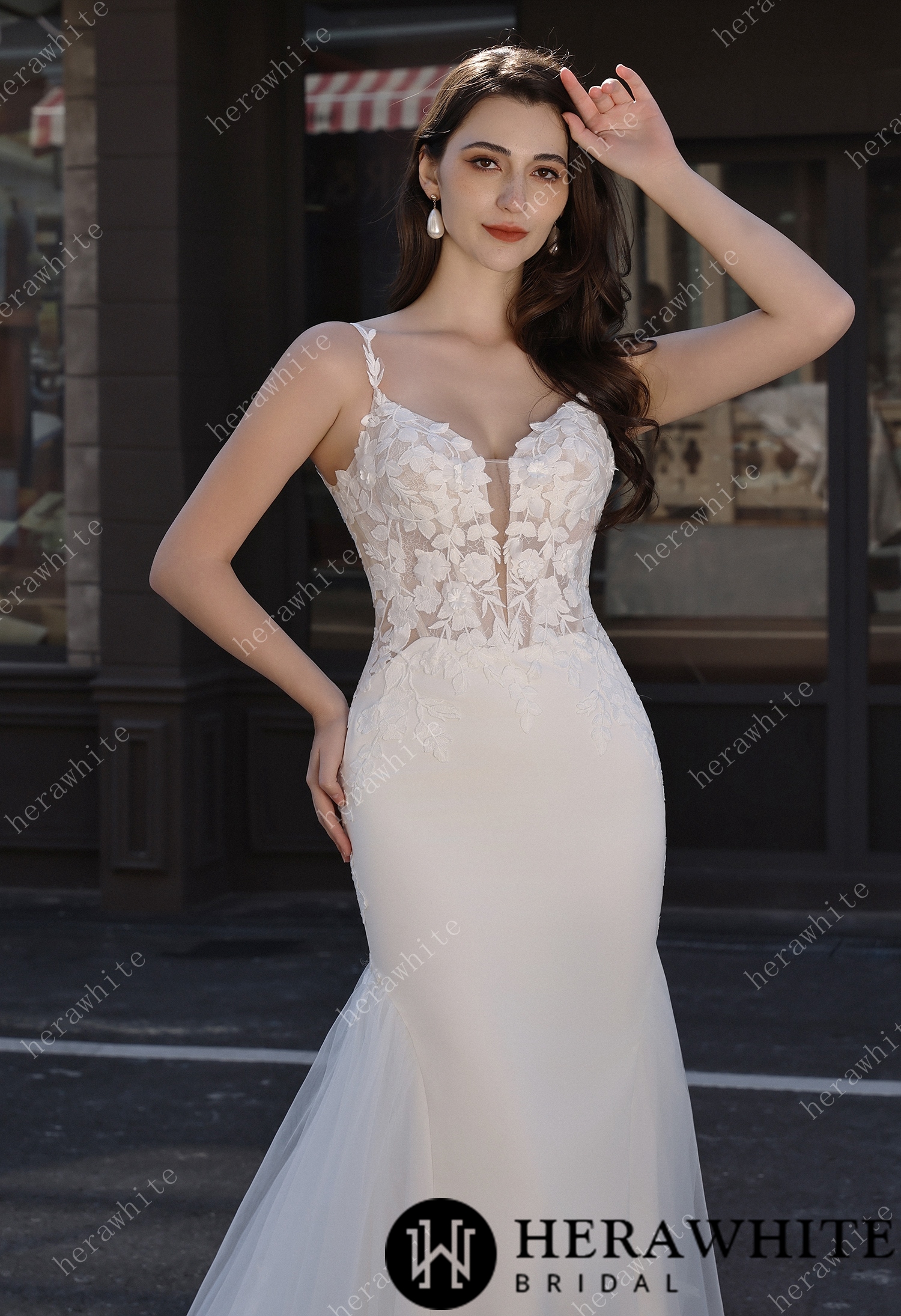Embellished Mermaid Plunging Neckline Wedding Gown with Scallop Train