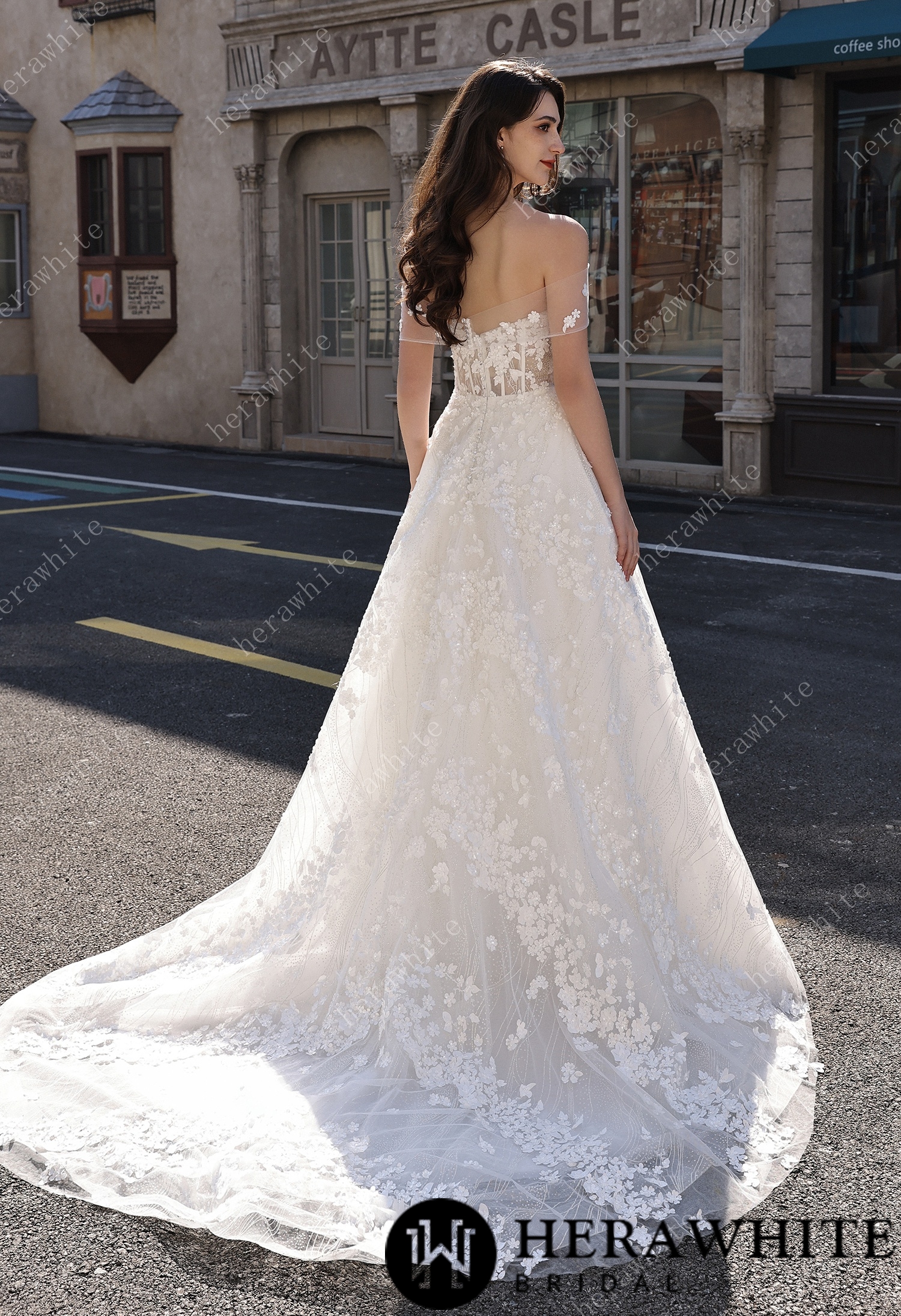 Off-the-Shoulder Sheer Floral Lace With Glitter A-Line Romantic Wedding Dress