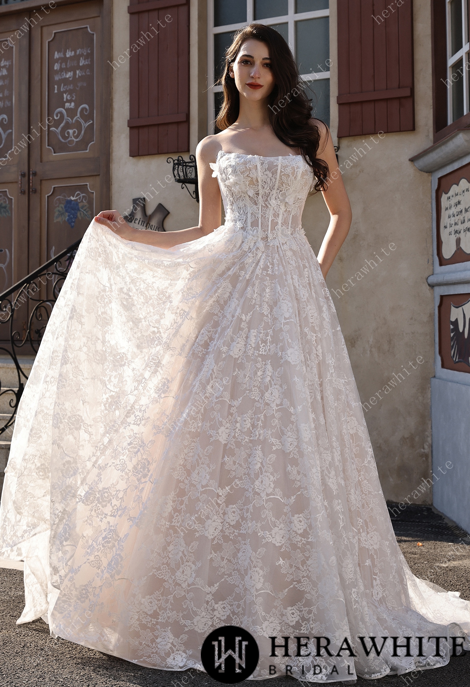 Ethereal Cat Eye Neckline Lace Ballgown Wedding With 3-D Flower Accents