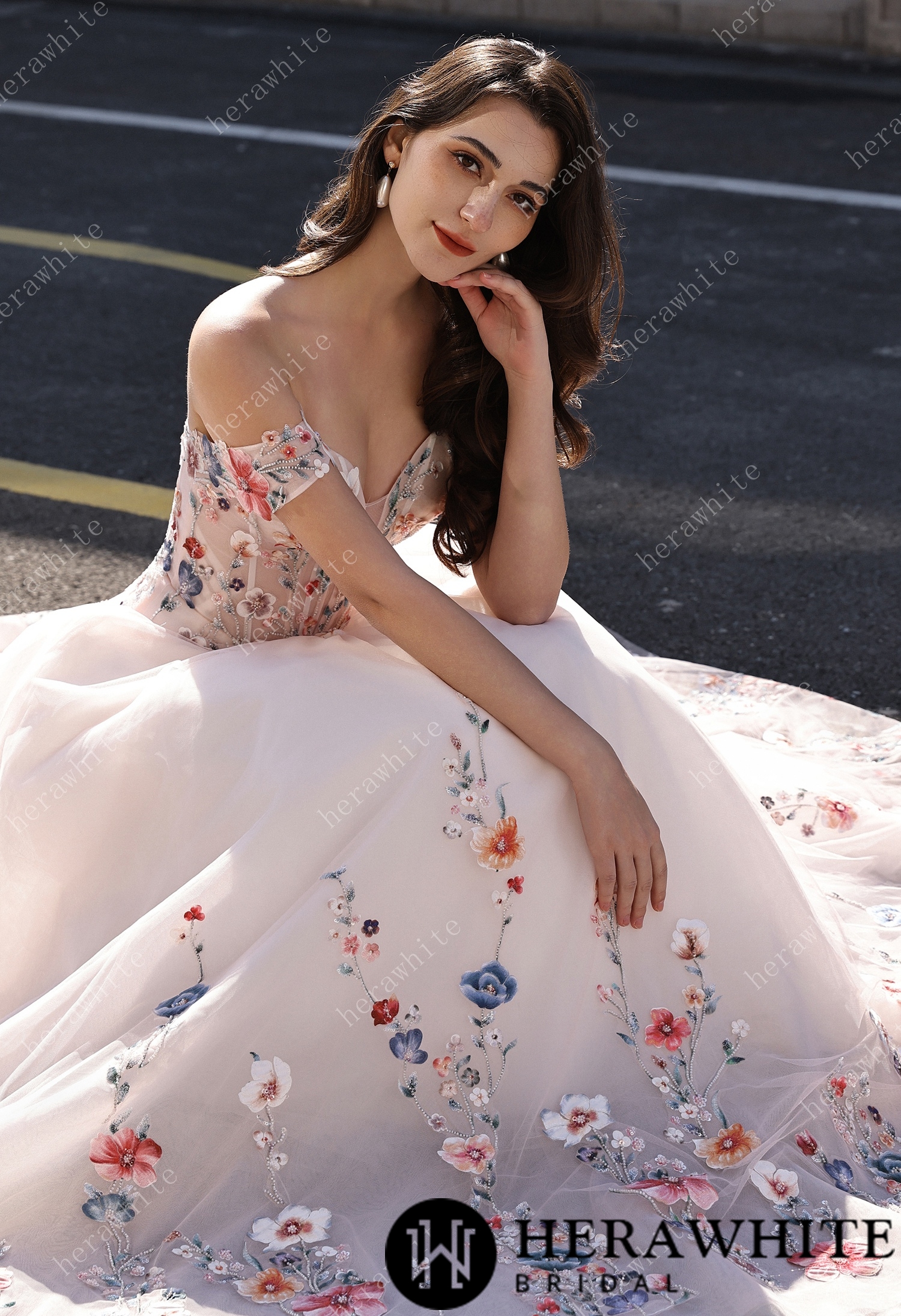 Colorful Lace Wedding Dress With Off-Shoulder Sleeves– Blush Pink Elegant Bridal Gown
