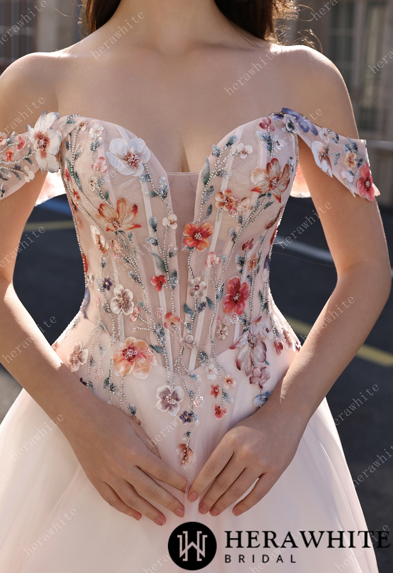 Colorful Lace Wedding Dress With Off-Shoulder Sleeves– Blush Pink Elegant Bridal Gown