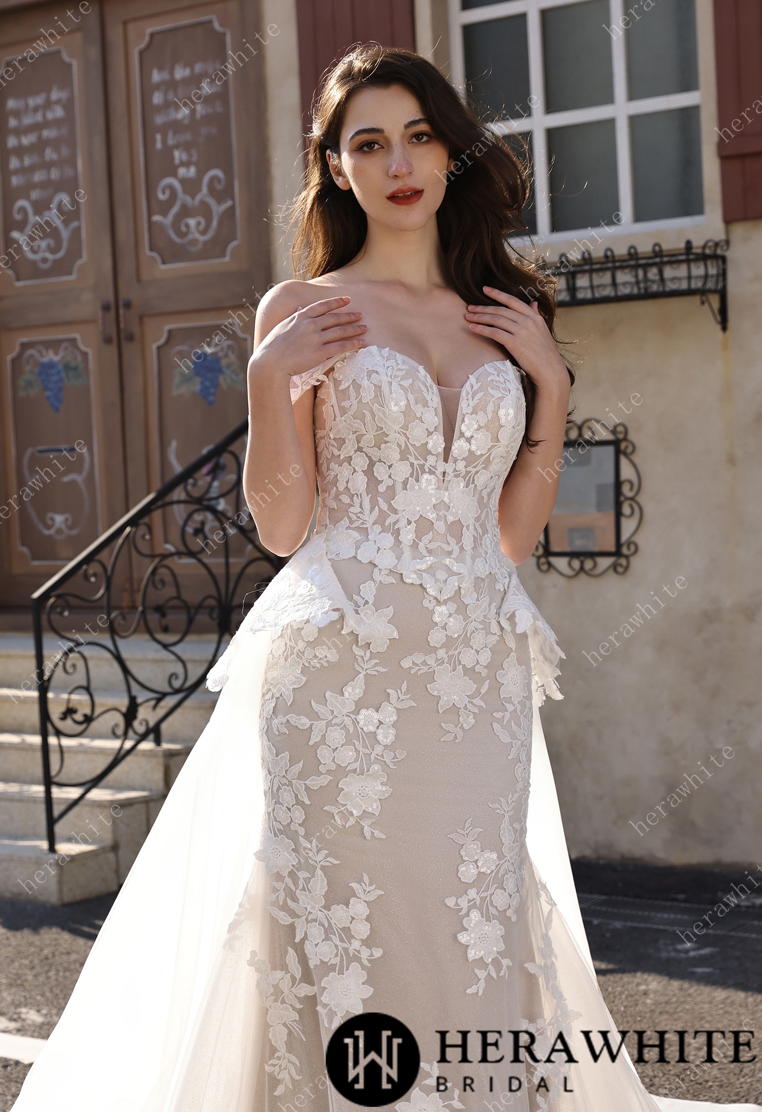 Couture Off-the-Shoulder Floral Lace Mermaid Gown With Detachable Overskirt