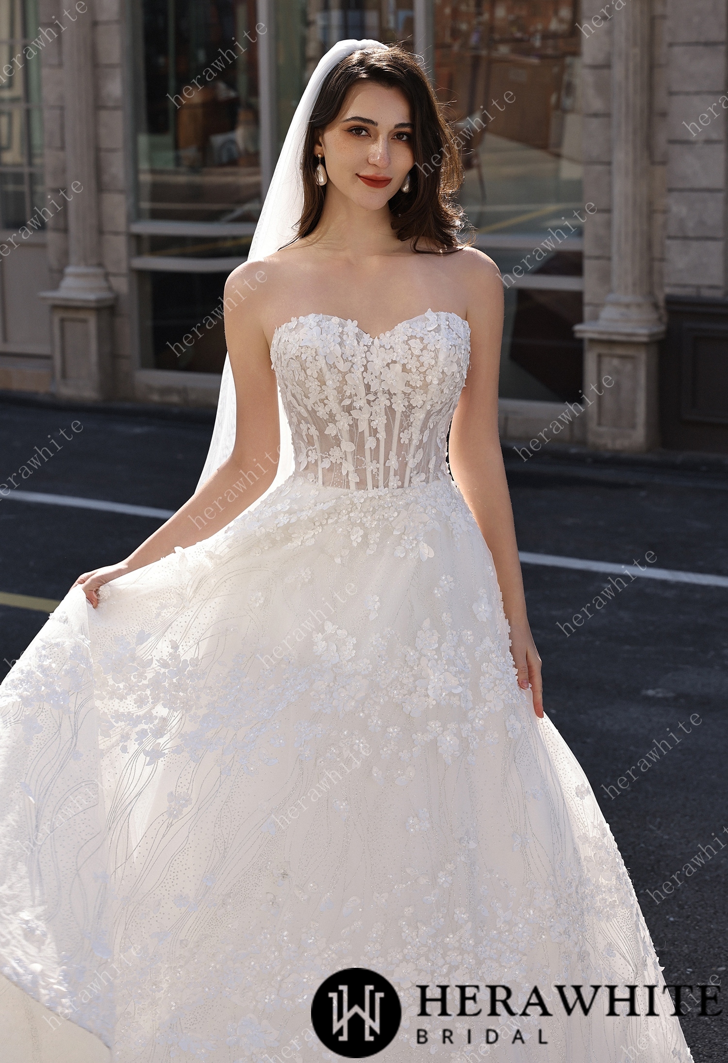Off-the-Shoulder Sheer Floral Lace With Glitter A-Line Romantic Wedding Dress