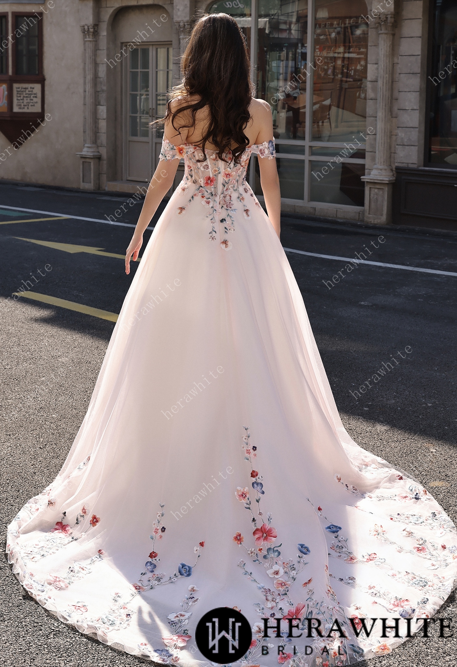Colorful Lace Wedding Dress With Off-Shoulder Sleeves– Blush Pink Elegant Bridal Gown