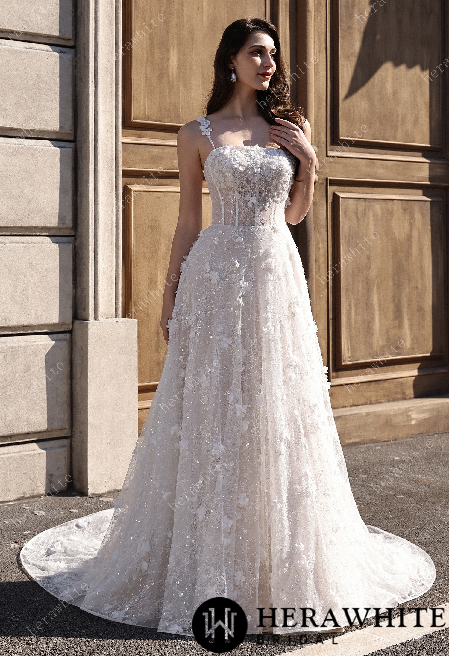 3D Floral Sparkle Lace  Wedding Dress With Straight Across Neckline