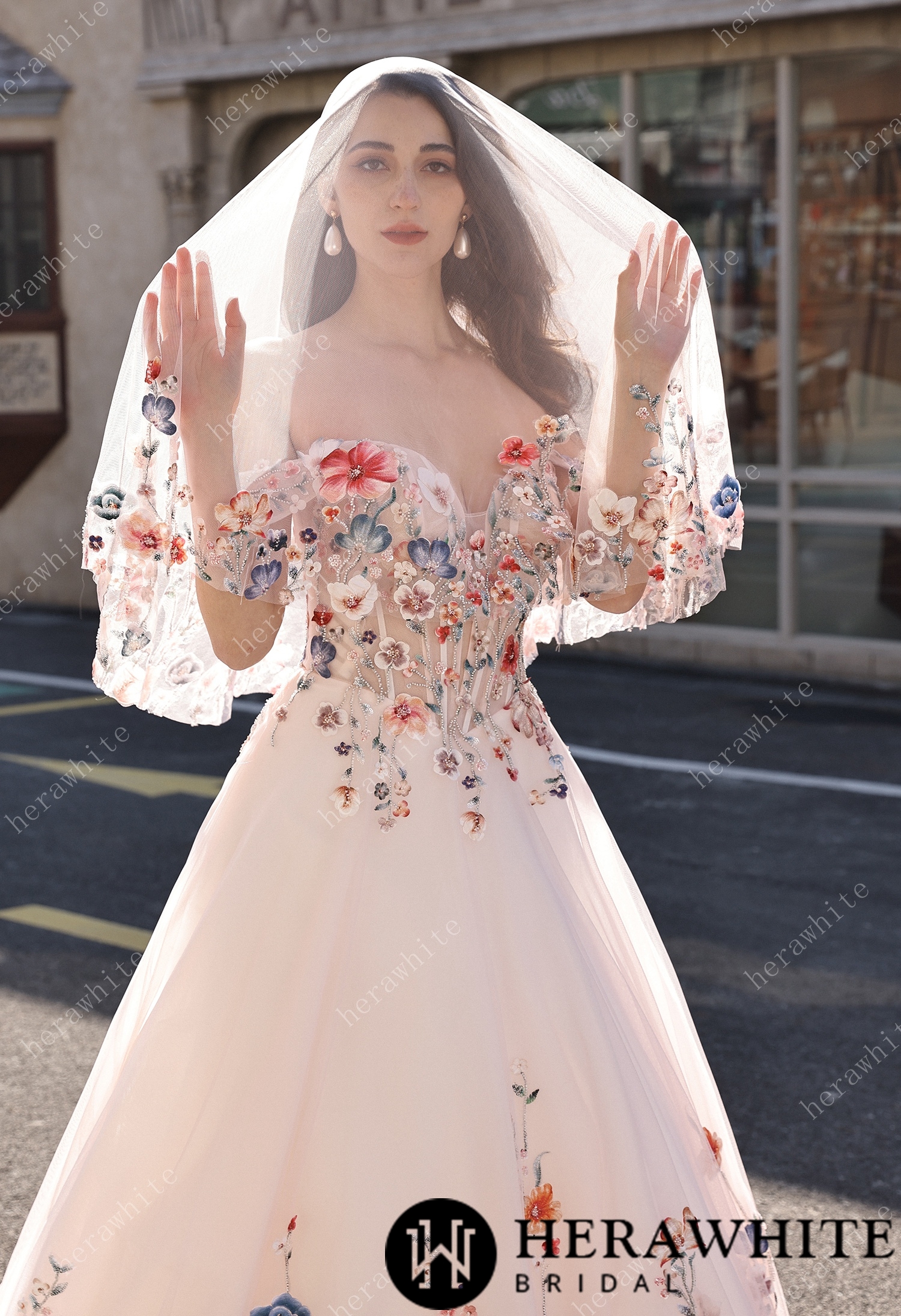 Colorful Lace Wedding Dress With Off-Shoulder Sleeves– Blush Pink Elegant Bridal Gown