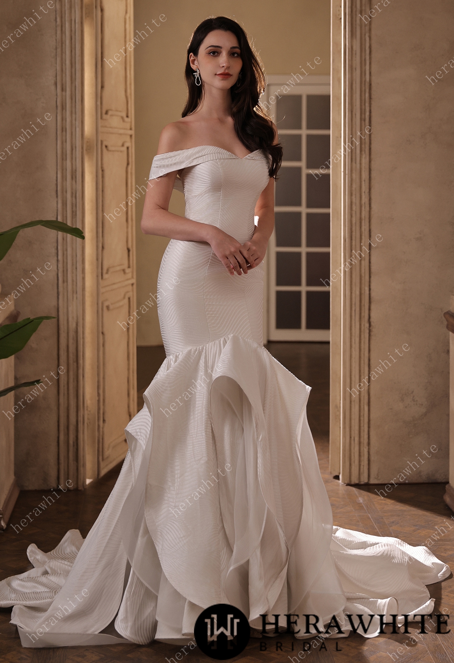 Off-the-Shoulder Textured  Fit And Flare Silhouette Wedding Dress With Ruffle Skirt