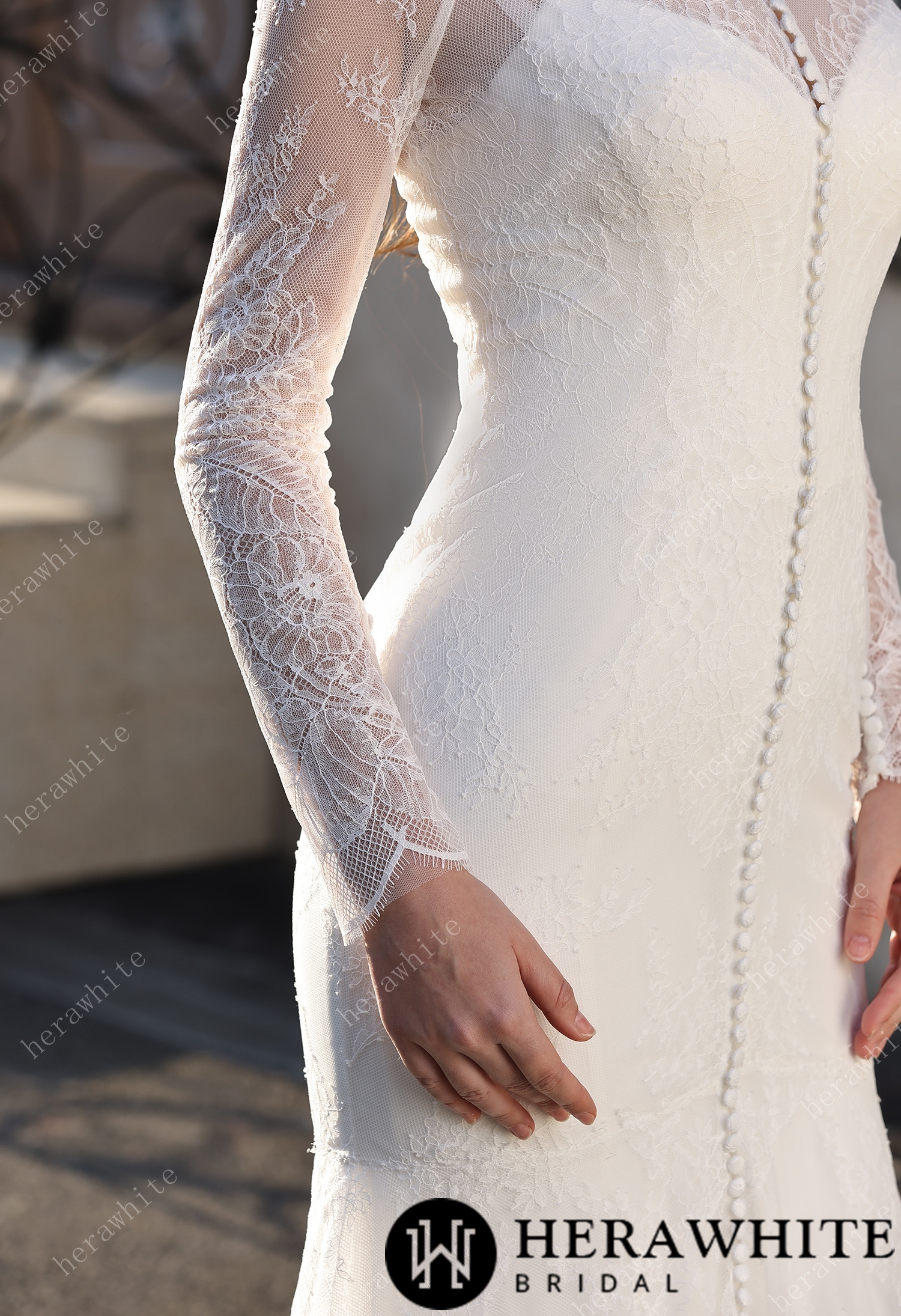 High Neck Lace Mermaid Bridal Gown with Buttons Placket