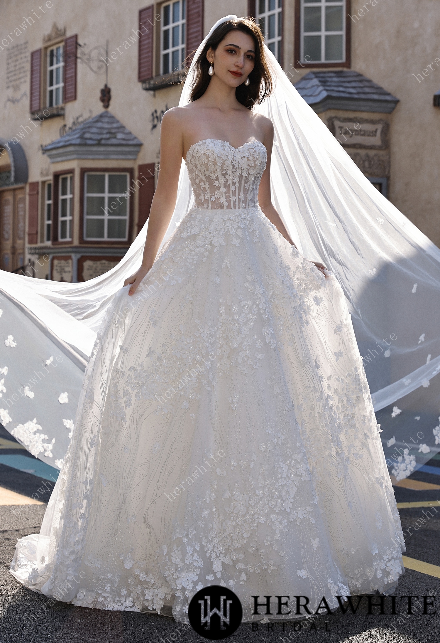 Off-the-Shoulder Sheer Floral Lace With Glitter A-Line Romantic Wedding Dress