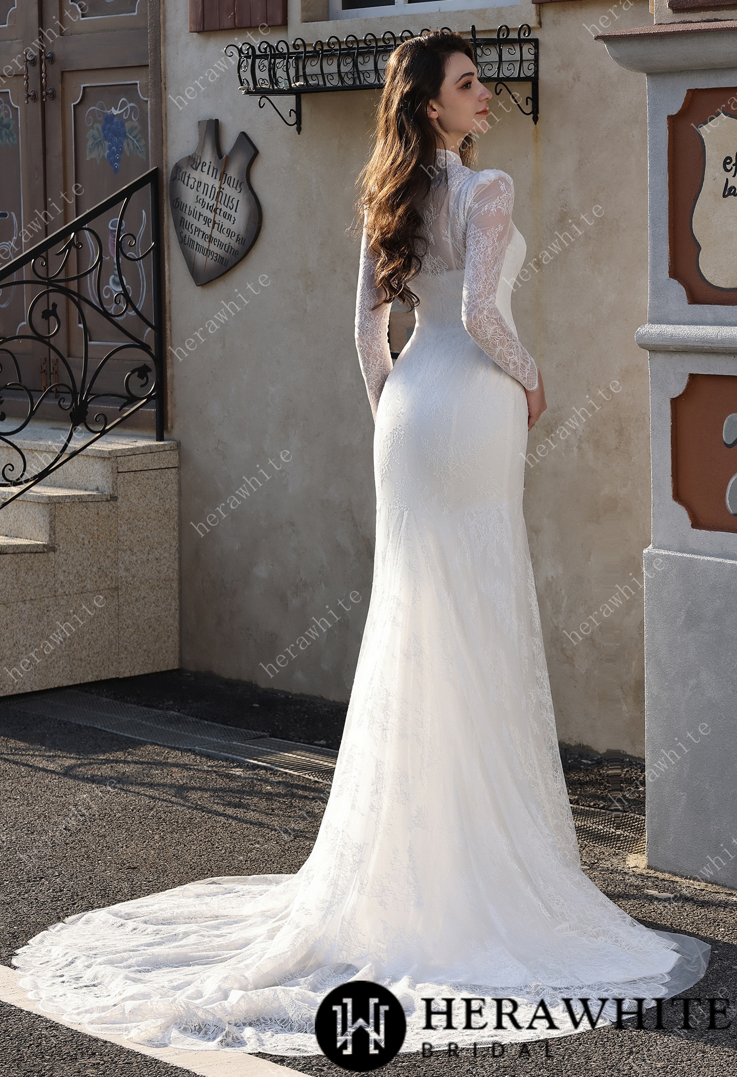 High Neck Lace Mermaid Bridal Gown with Buttons Placket