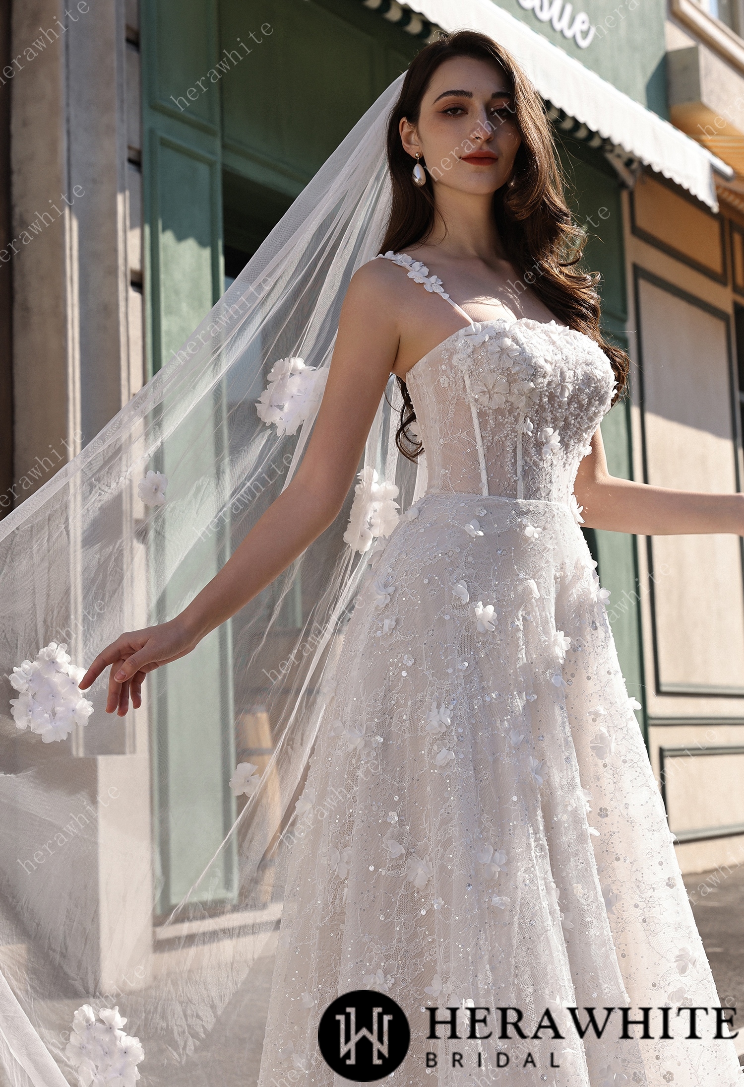 3D Floral Sparkle Lace  Wedding Dress With Straight Across Neckline