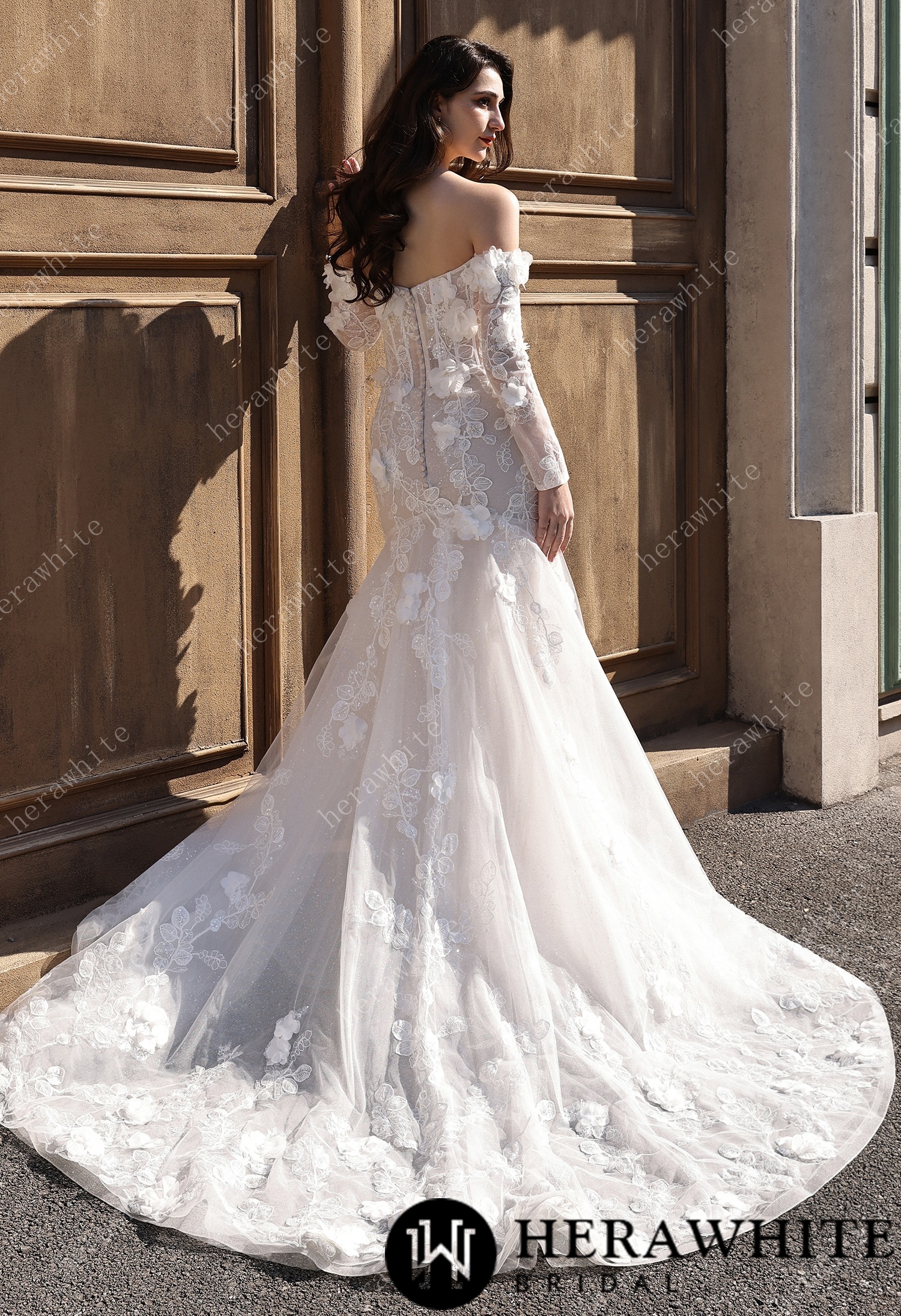 Off-the-Shoulder  3D Flower Lace Fit And Flare Wedding Dress