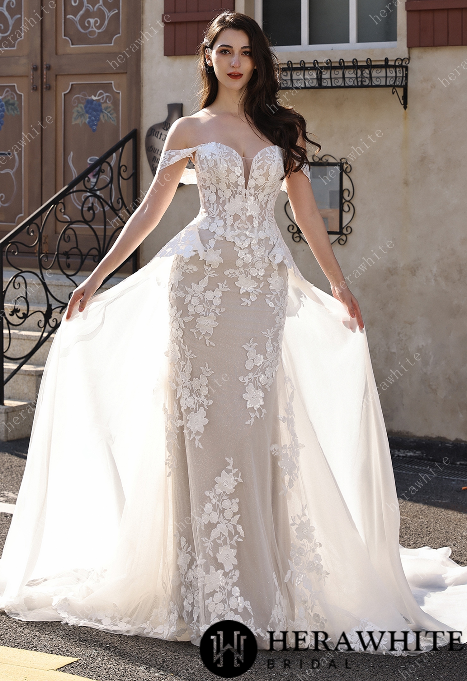 Couture Off-the-Shoulder Floral Lace Mermaid Gown With Detachable Overskirt