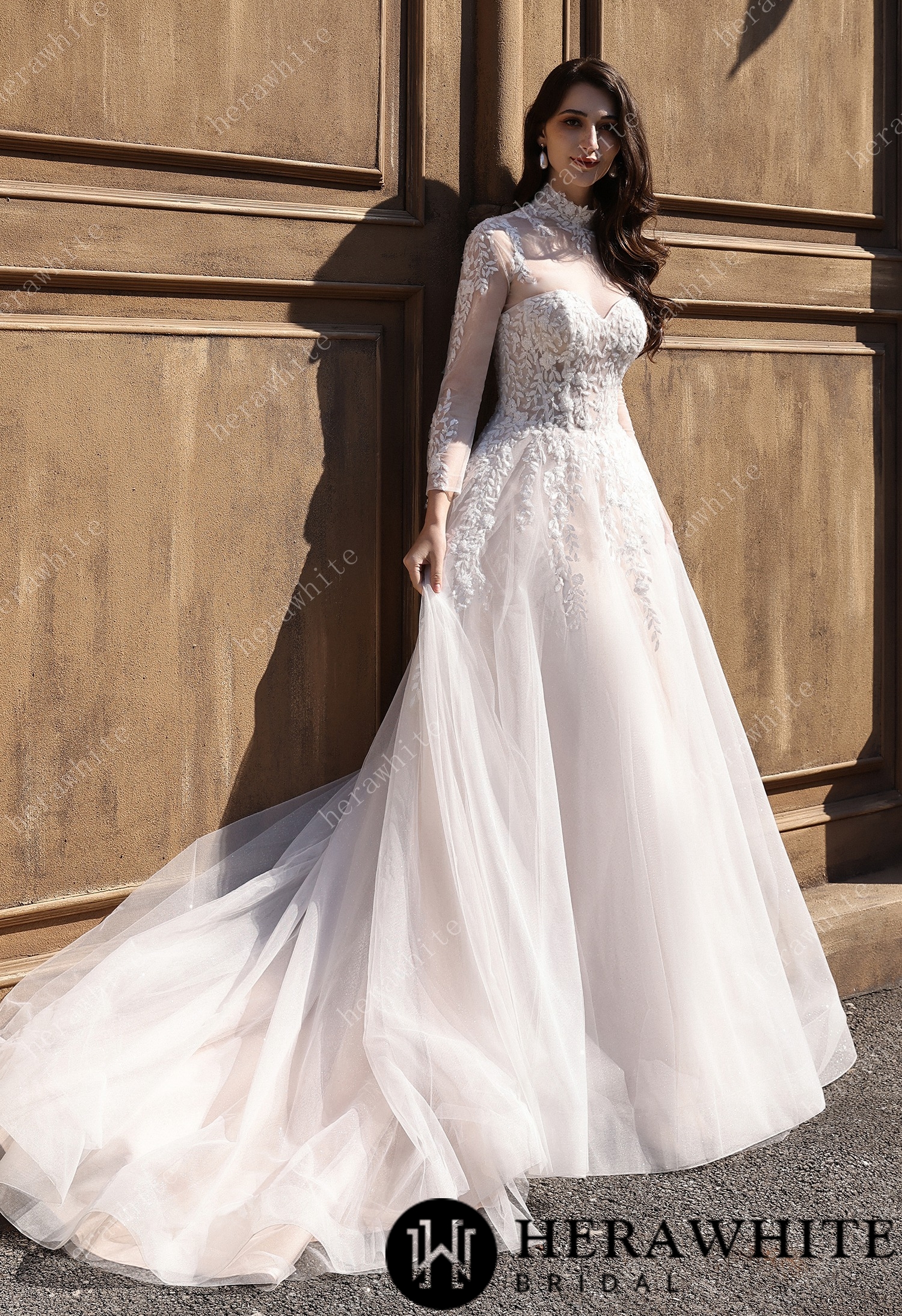 Strapless Sweetheart Beaded Lace Wedding Dress With High illusion Neck