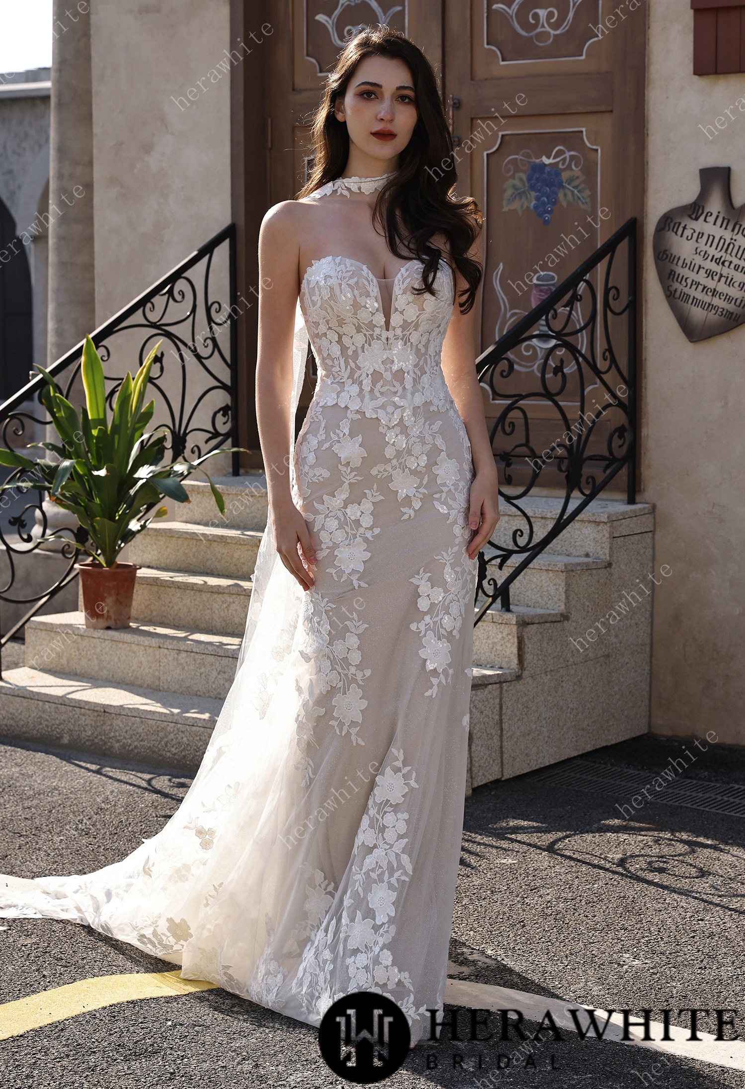Sweetheart Neckline Floral Lace Mermaid Wedding Dress With Scarf & Optional Overskirt