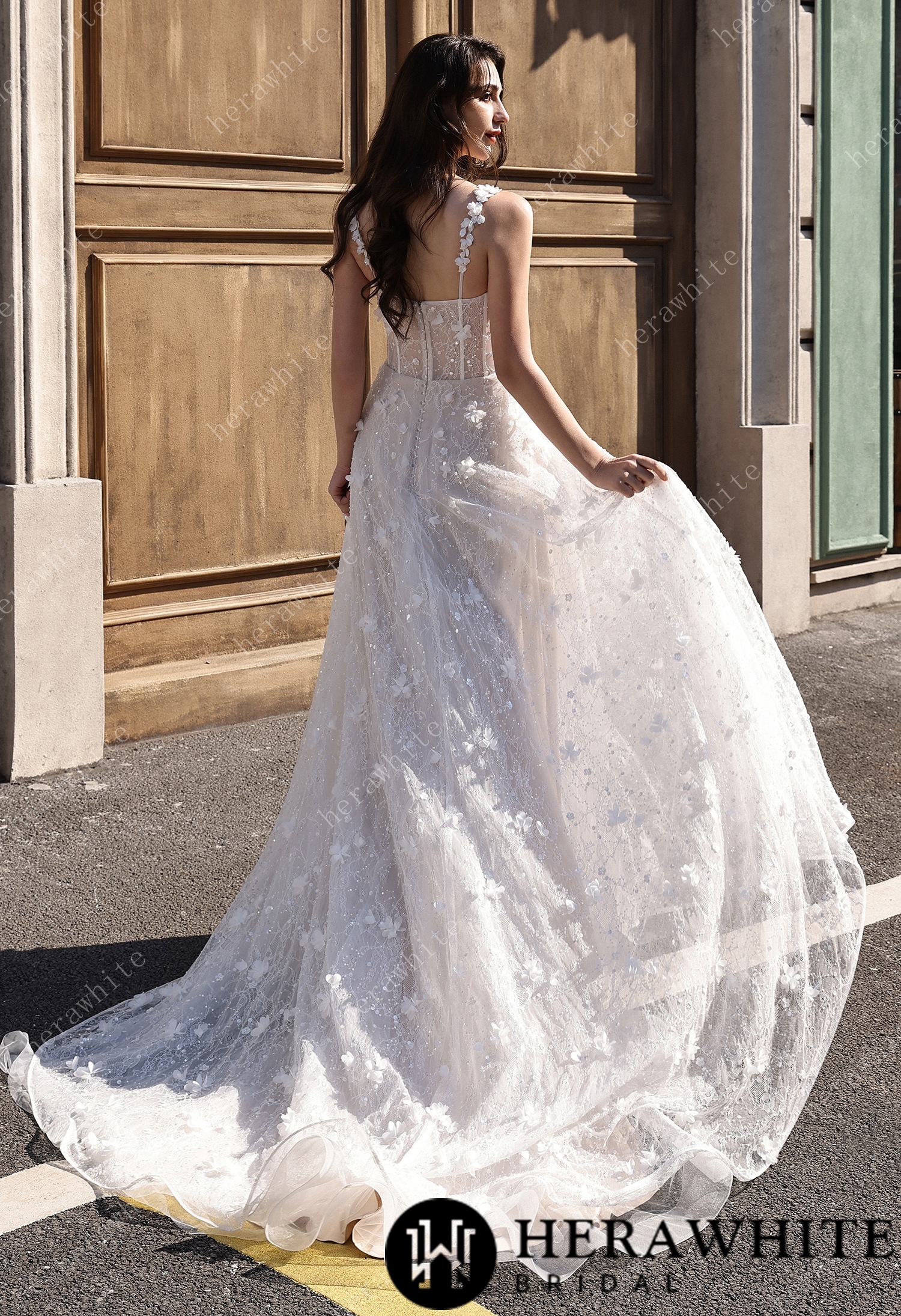 3D Floral Sparkle Lace  Wedding Dress With Straight Across Neckline