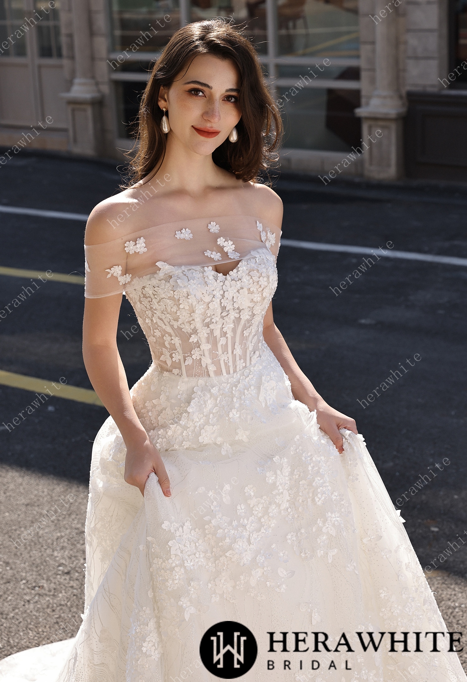 Off-the-Shoulder Sheer Floral Lace With Glitter A-Line Romantic Wedding Dress