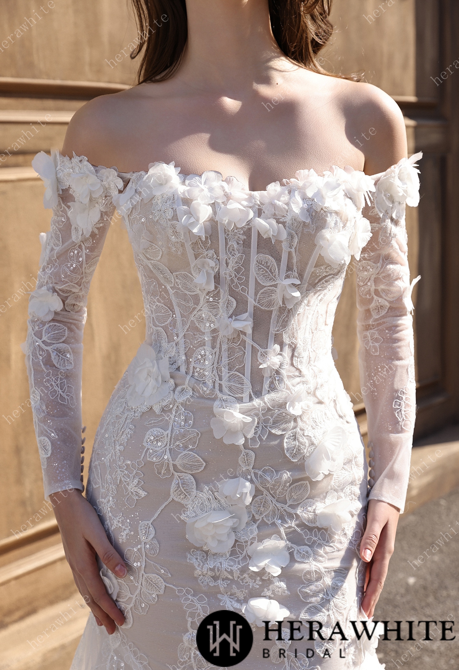 Off-the-Shoulder  3D Flower Lace Fit And Flare Wedding Dress