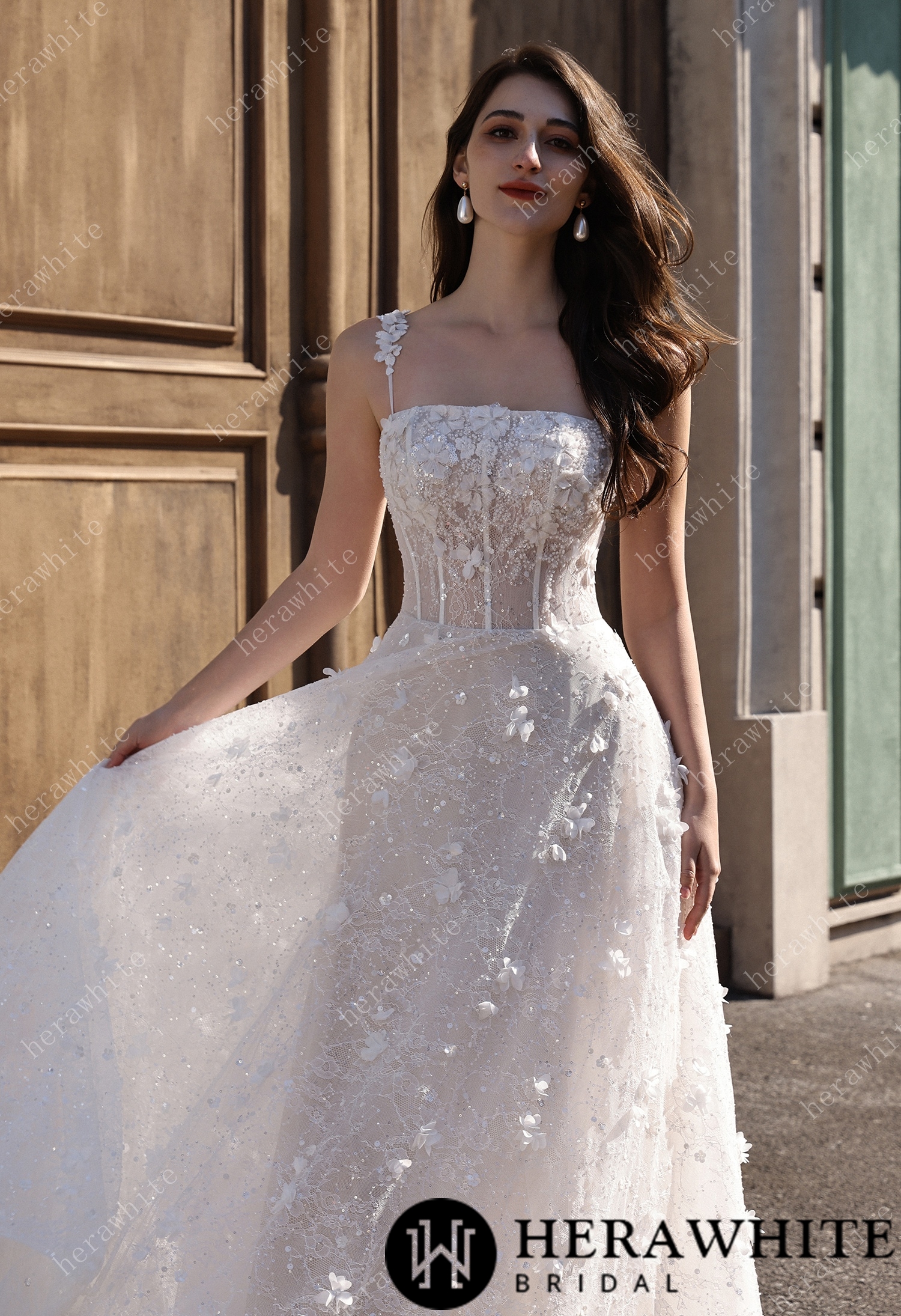 3D Floral Sparkle Lace  Wedding Dress With Straight Across Neckline