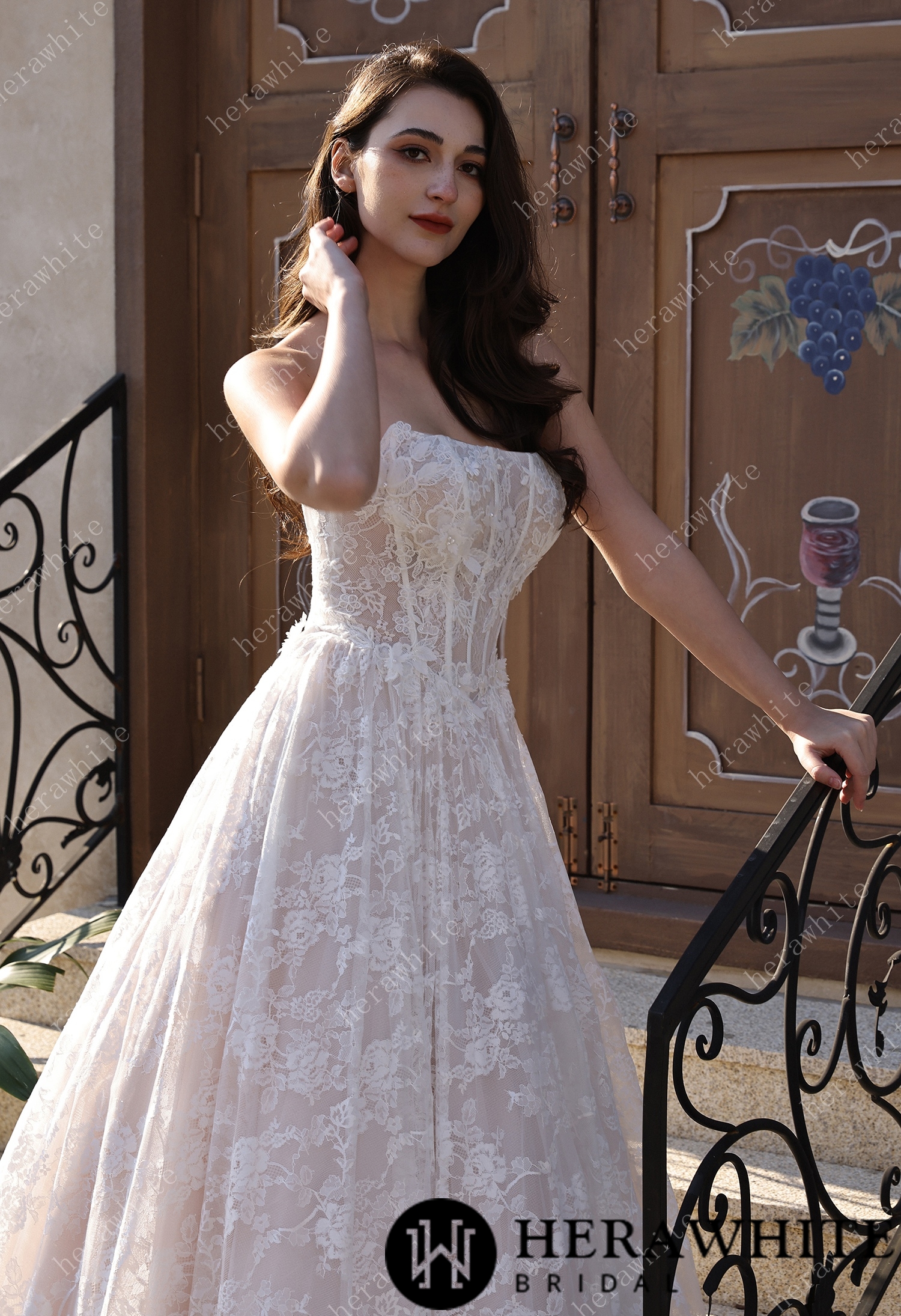 Ethereal Cat Eye Neckline Lace Ballgown Wedding With 3-D Flower Accents