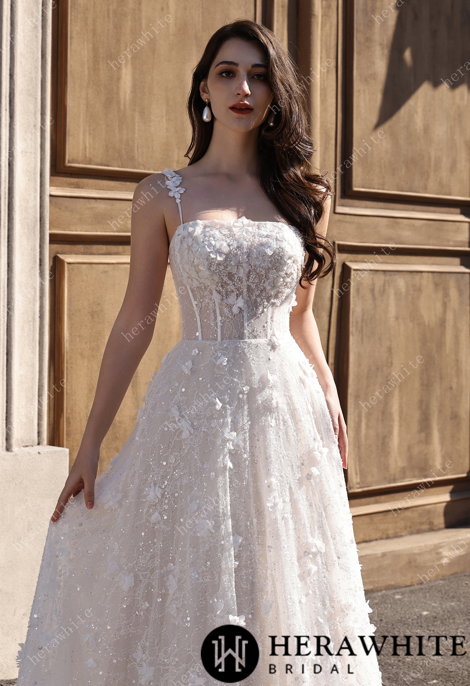 3D Floral Sparkle Lace  Wedding Dress With Straight Across Neckline