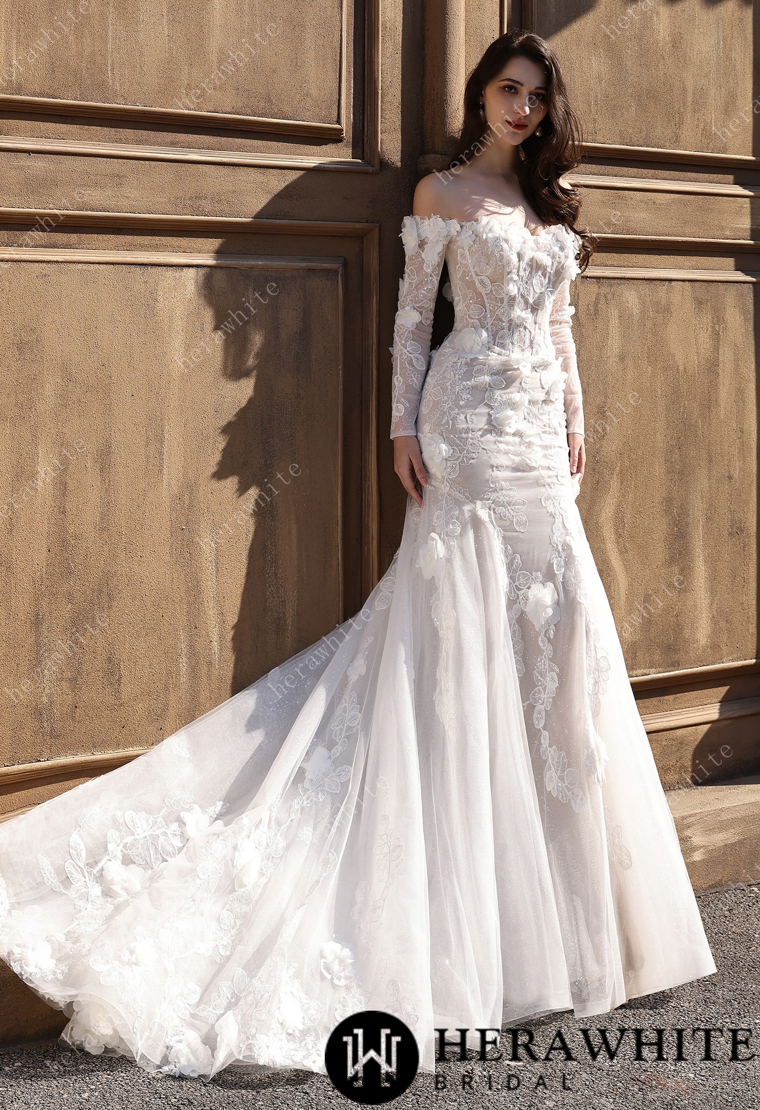 Off-the-Shoulder  3D Flower Lace Fit And Flare Wedding Dress