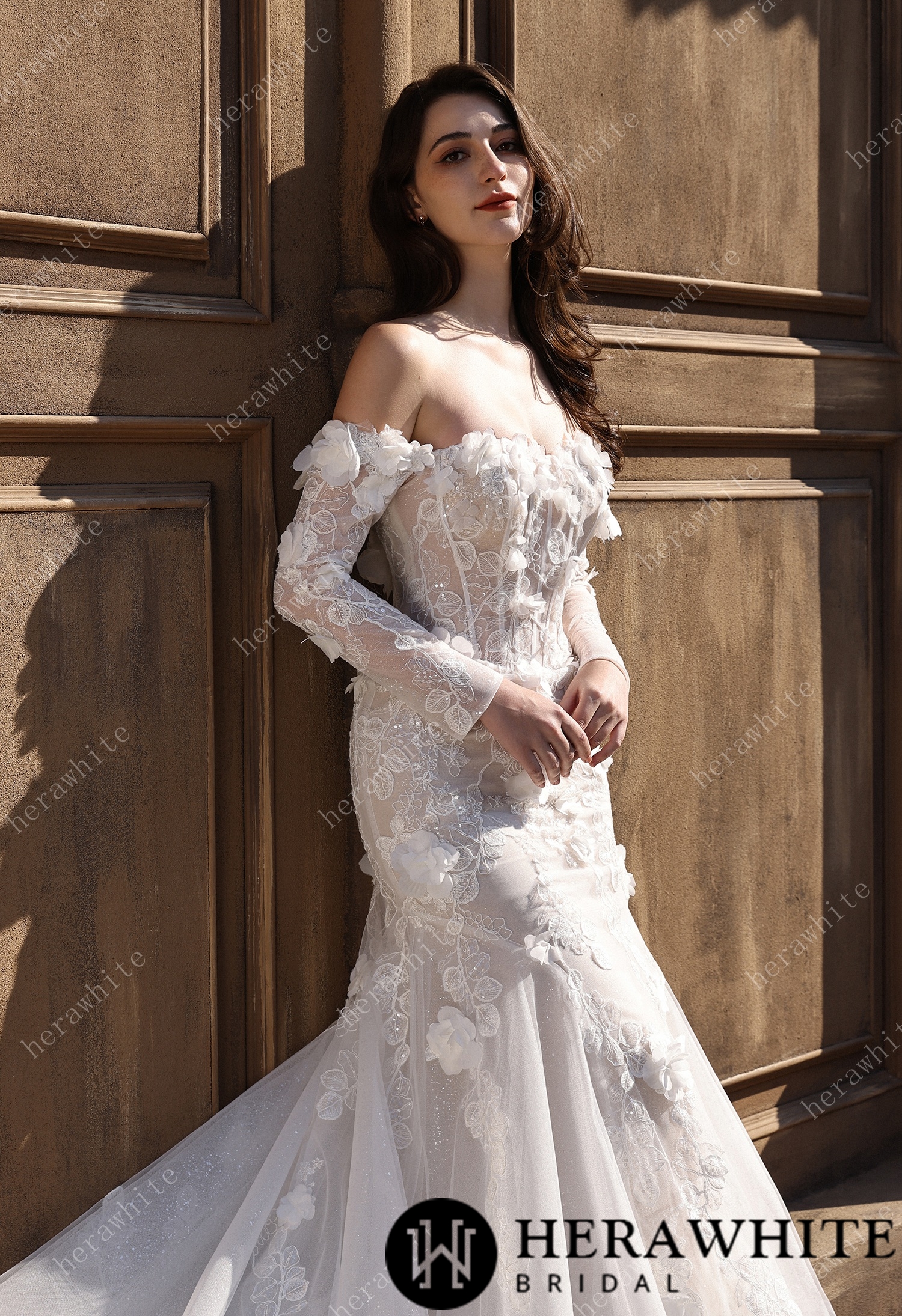 Off-the-Shoulder  3D Flower Lace Fit And Flare Wedding Dress