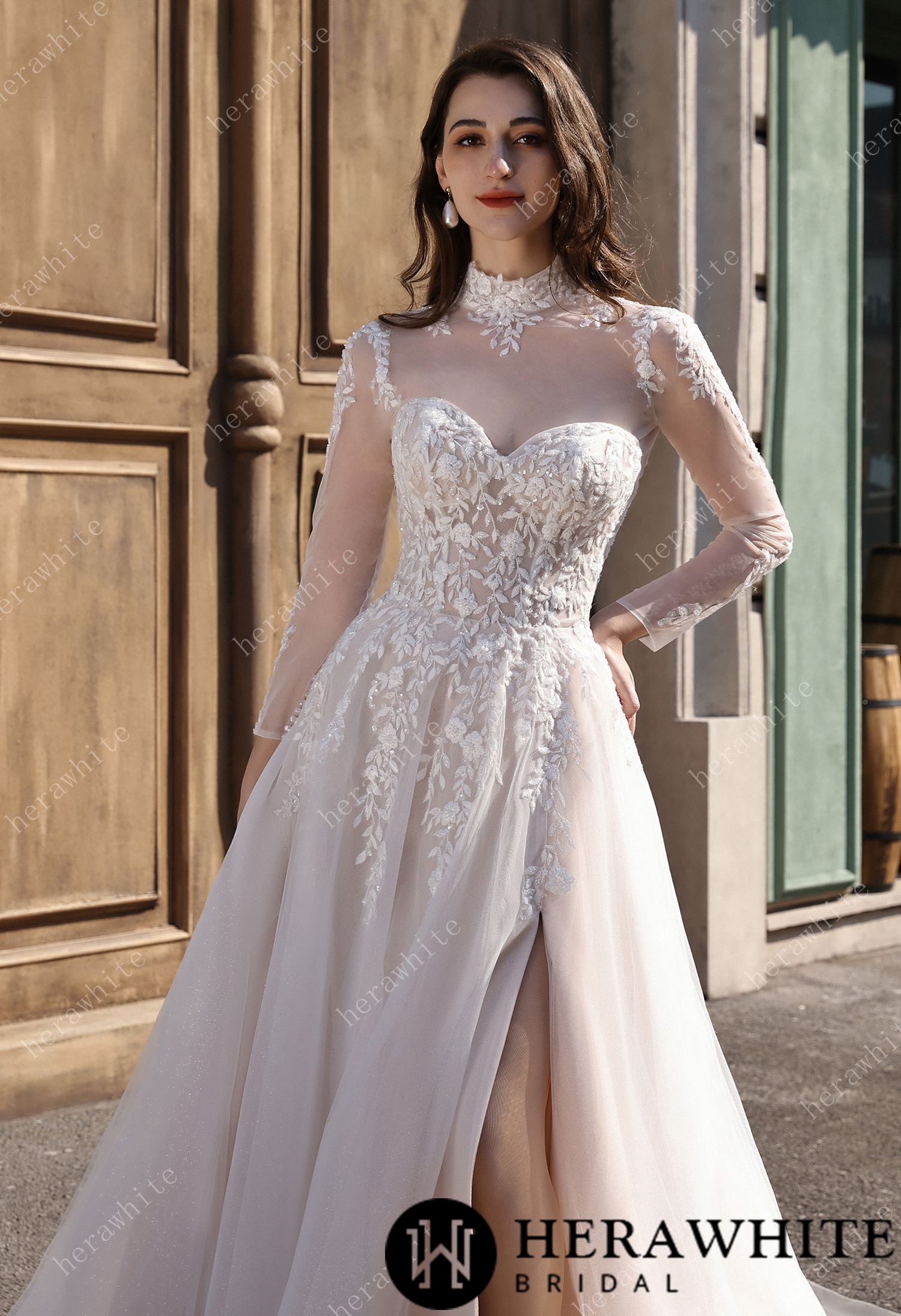 Strapless Sweetheart Beaded Lace Wedding Dress With High illusion Neck