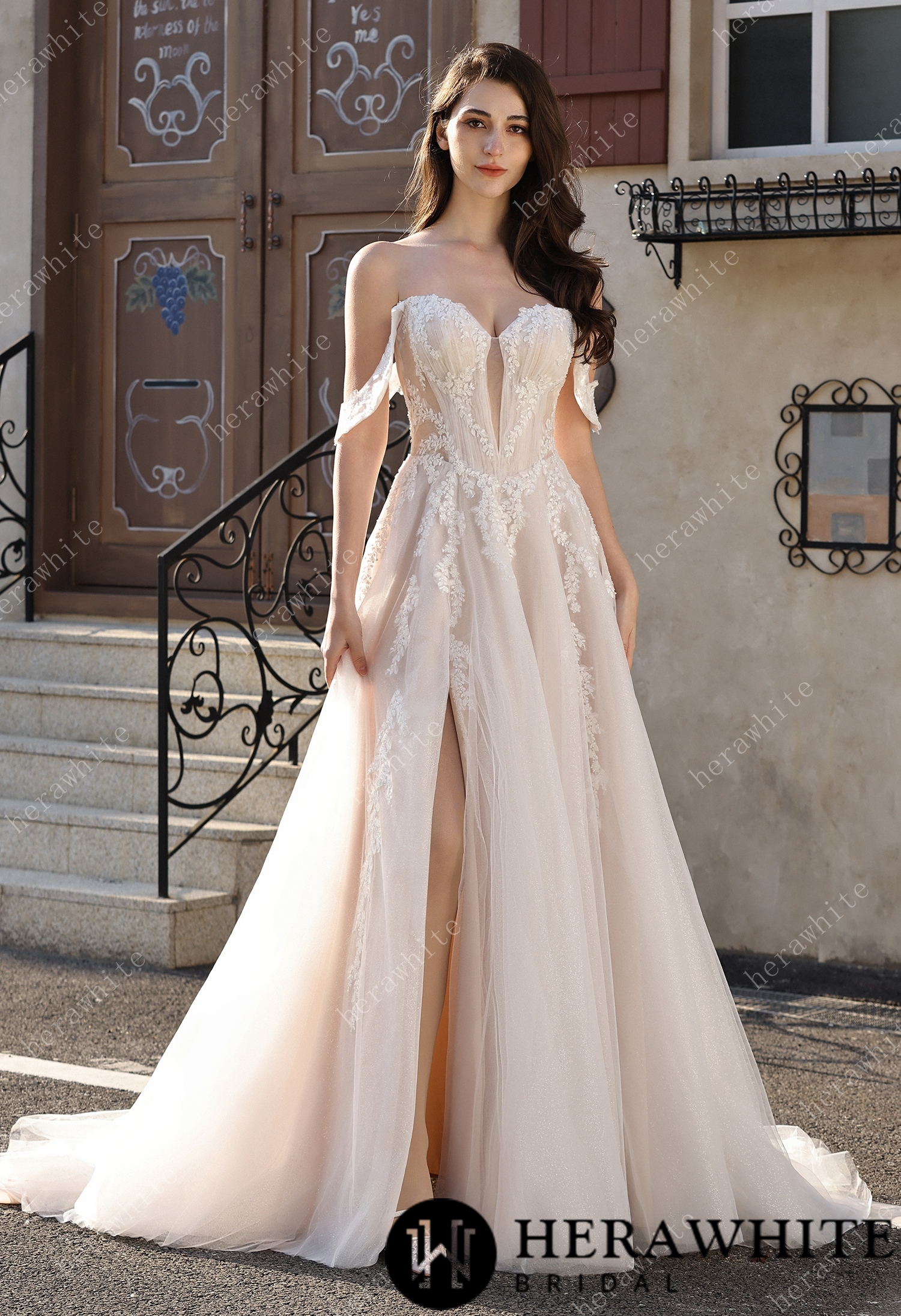 Romantic Off-the-Shoulder Sheer Lace Glitter Tulle Bridal Gown with Thigh Slit
