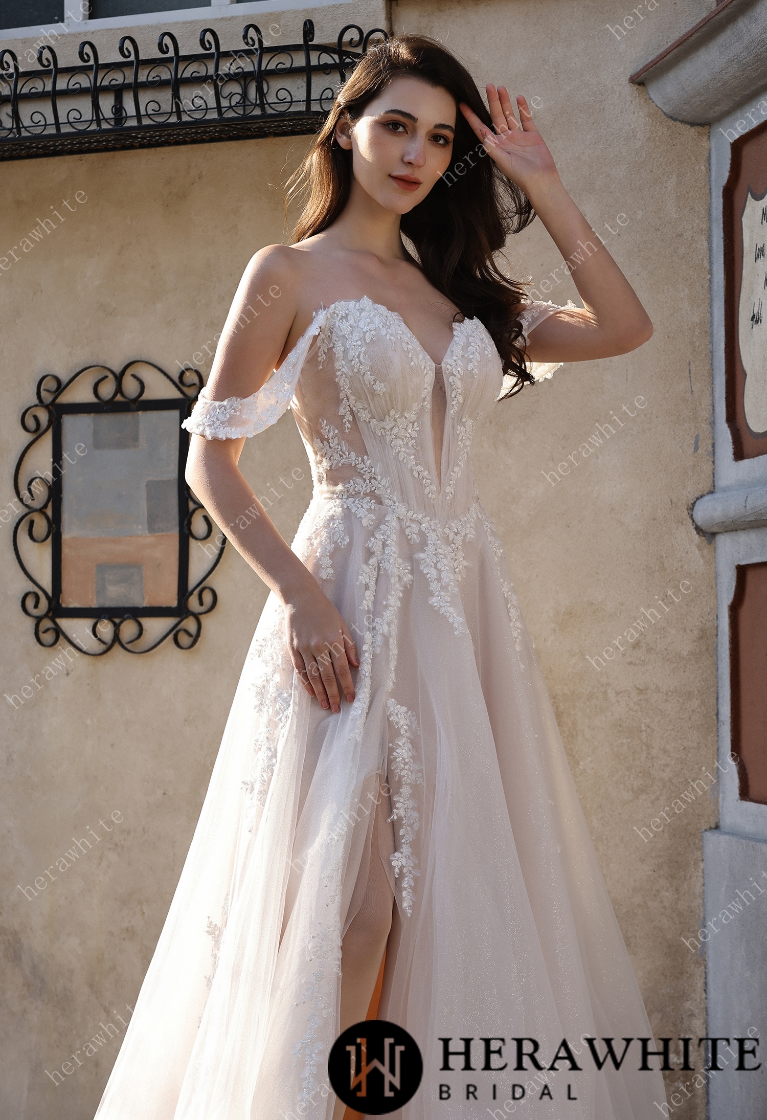 Romantic Off-the-Shoulder Sheer Lace Glitter Tulle Bridal Gown with Thigh Slit