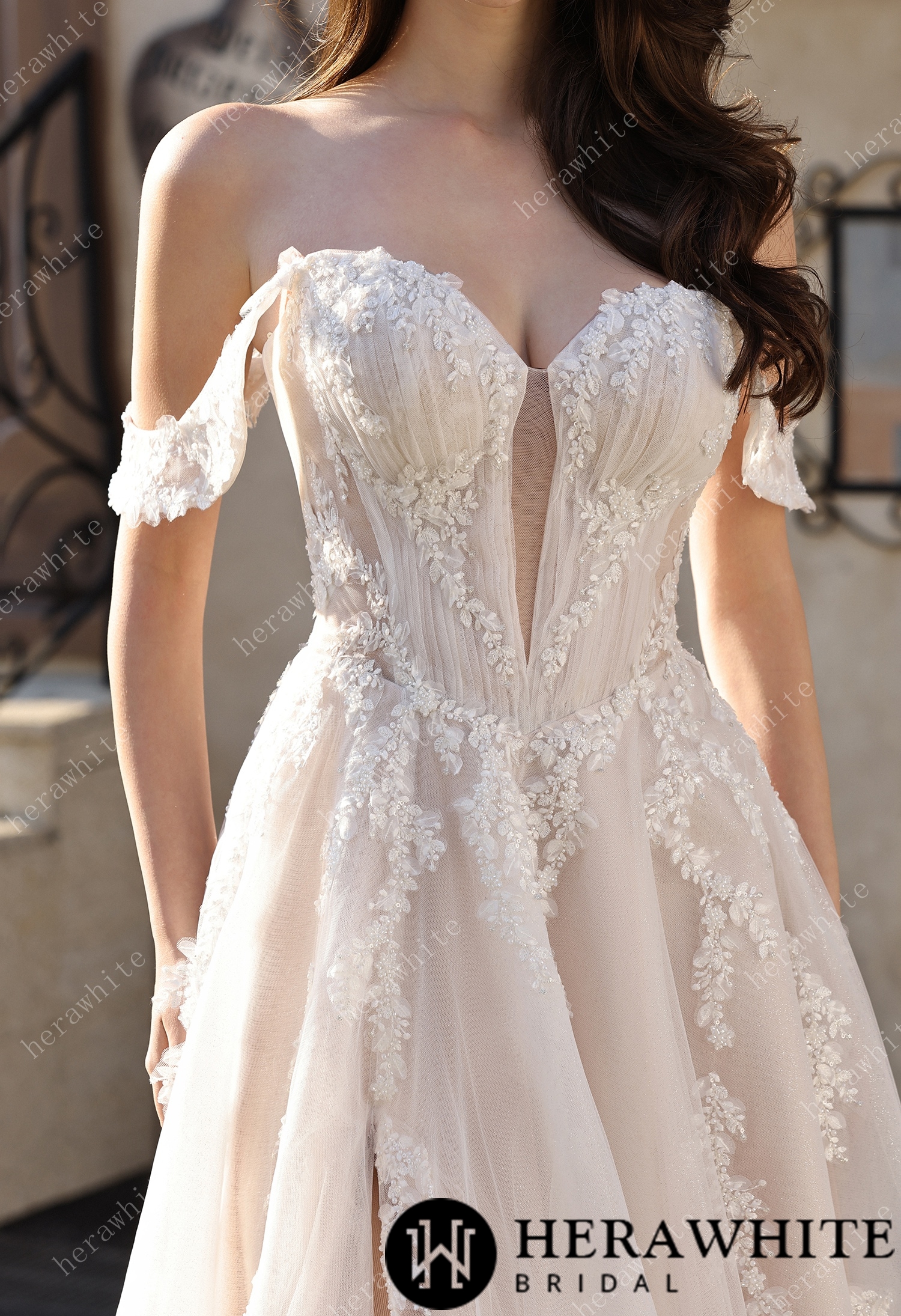 Romantic Off-the-Shoulder Sheer Lace Glitter Tulle Bridal Gown with Thigh Slit