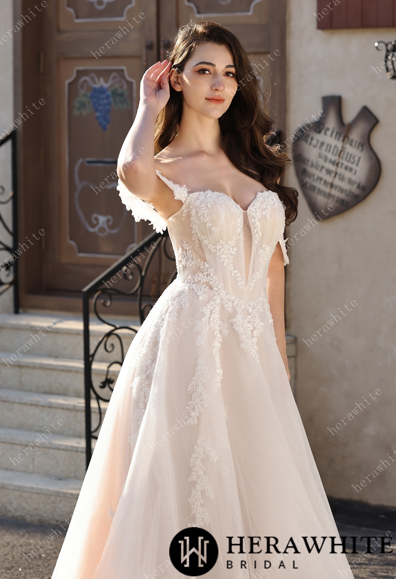 Romantic Off-the-Shoulder Sheer Lace Glitter Tulle Bridal Gown with Thigh Slit