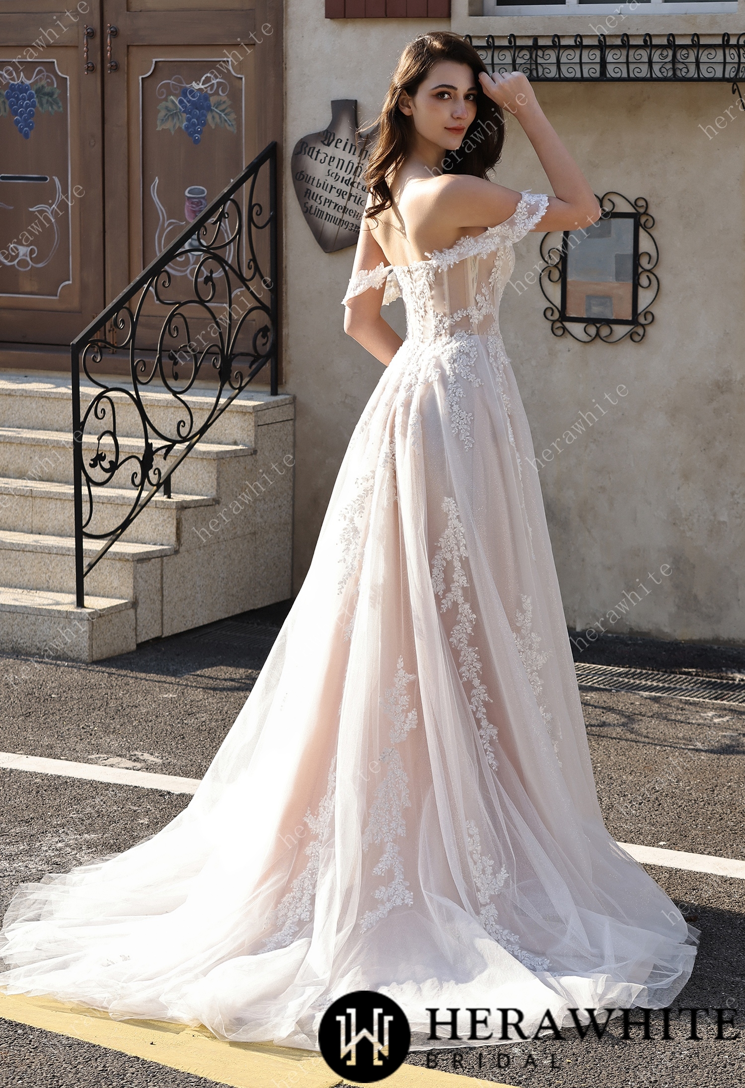 Romantic Off-the-Shoulder Sheer Lace Glitter Tulle Bridal Gown with Thigh Slit