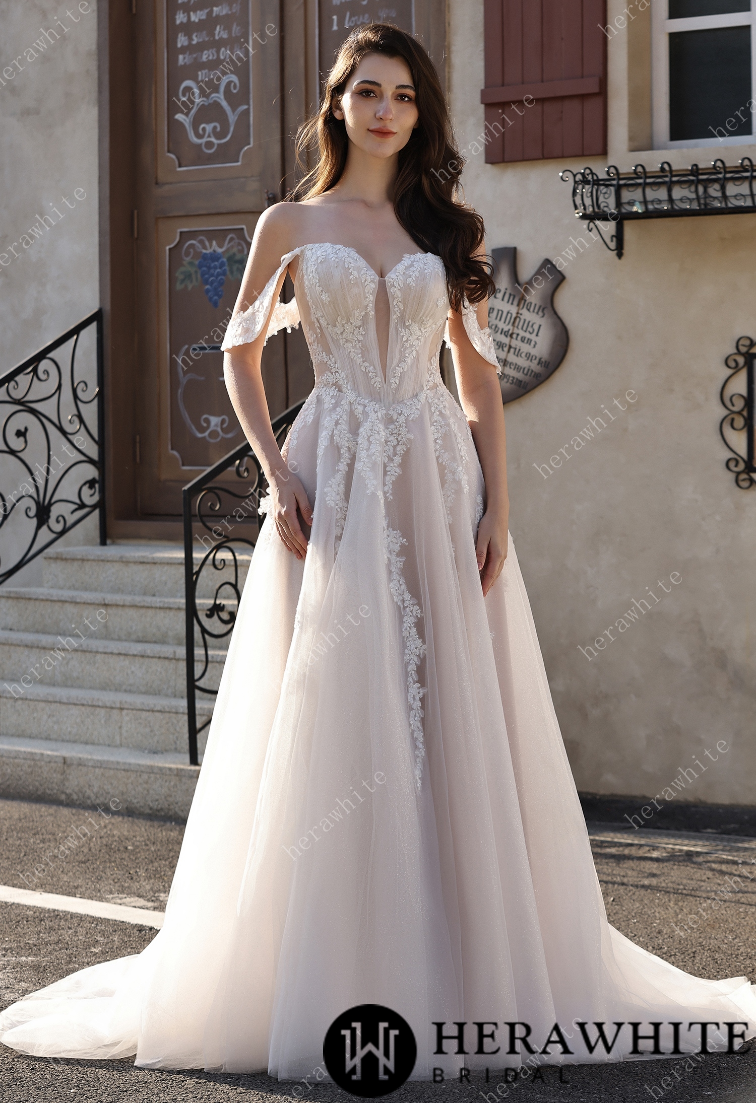 Romantic Off-the-Shoulder Sheer Lace Glitter Tulle Bridal Gown with Thigh Slit