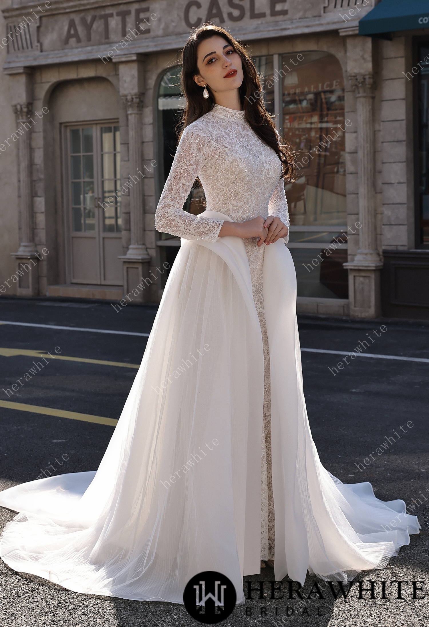Elegant High-Neck Sequin Lace Sheath Gown with Detachable Sheer Train