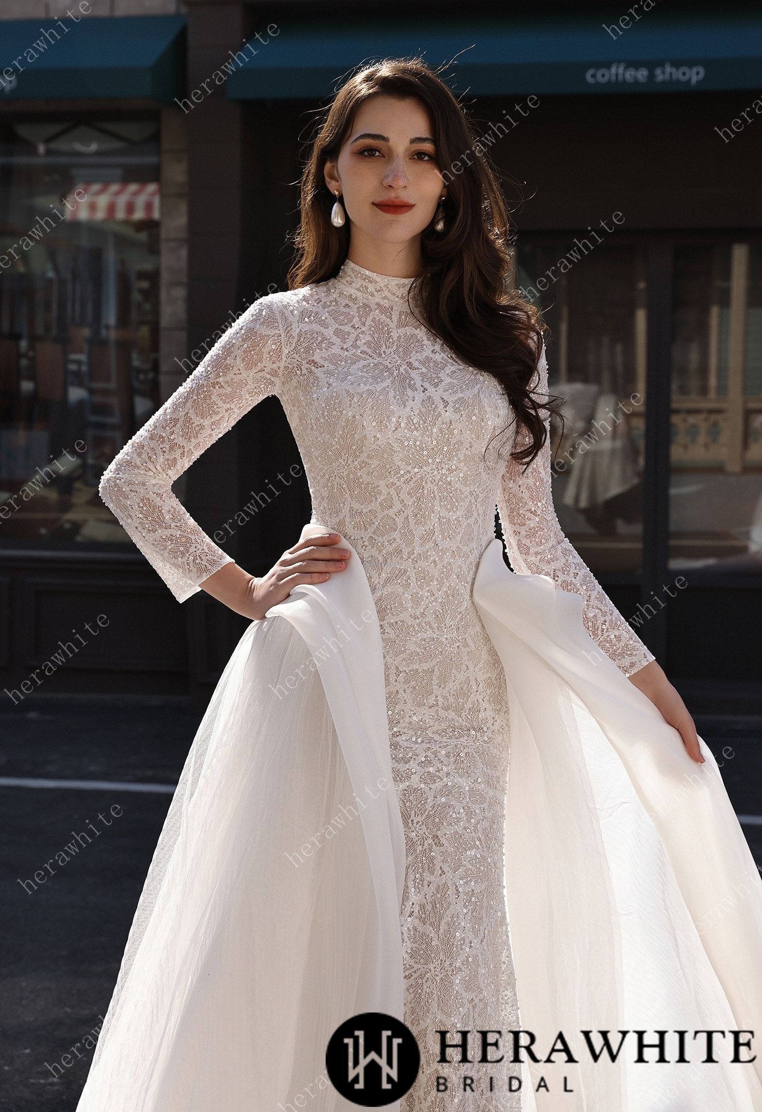 Elegant High-Neck Sequin Lace Sheath Gown with Detachable Sheer Train