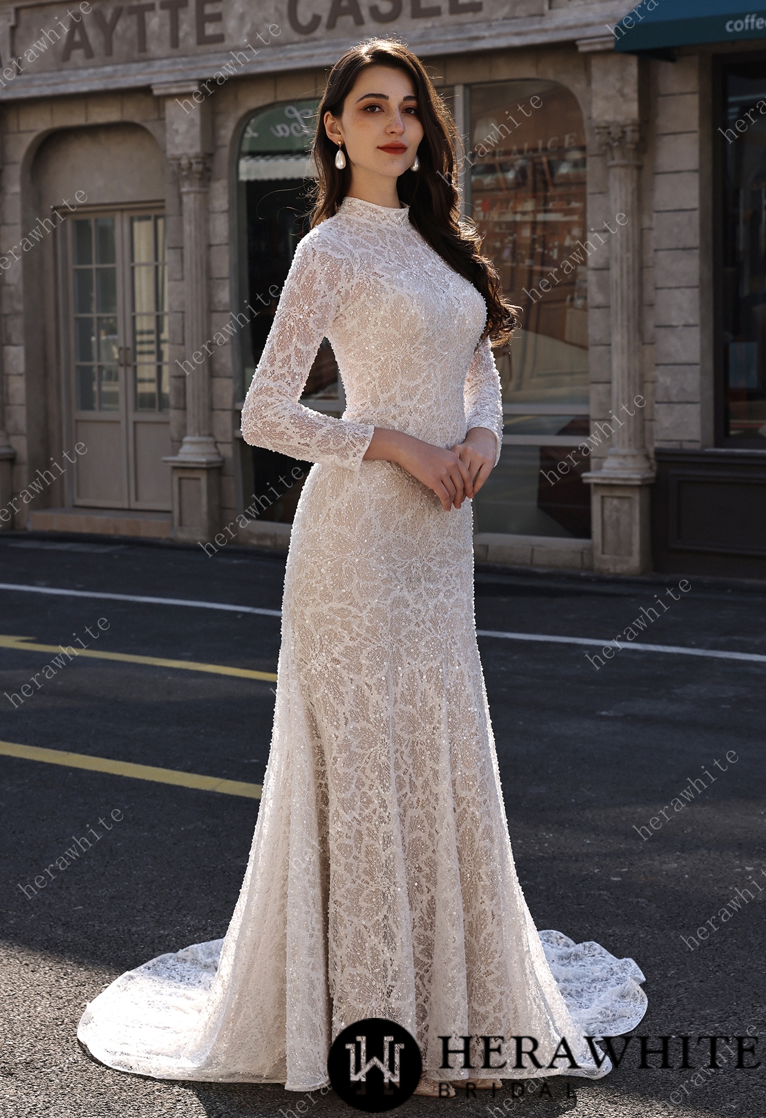 Elegant High-Neck Sequin Lace Sheath Gown with Detachable Sheer Train