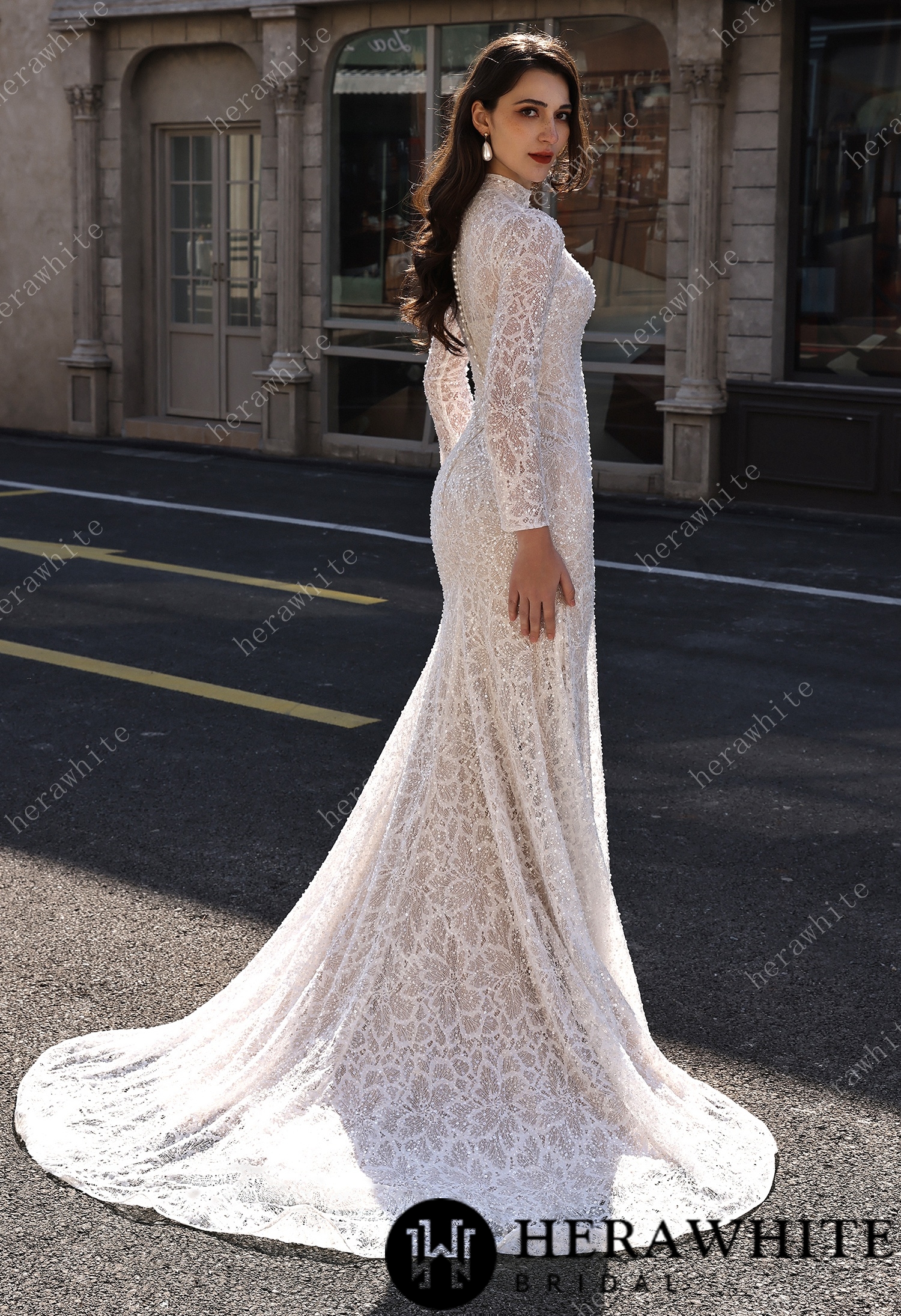 Elegant High-Neck Sequin Lace Sheath Gown with Detachable Sheer Train