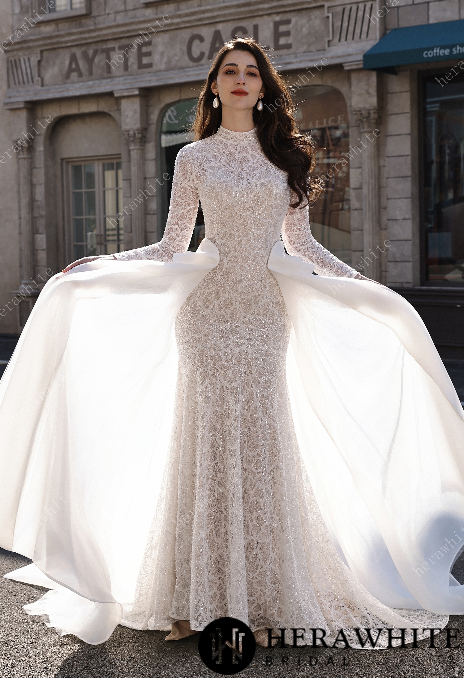 Elegant High-Neck Sequin Lace Sheath Gown with Detachable Sheer Train