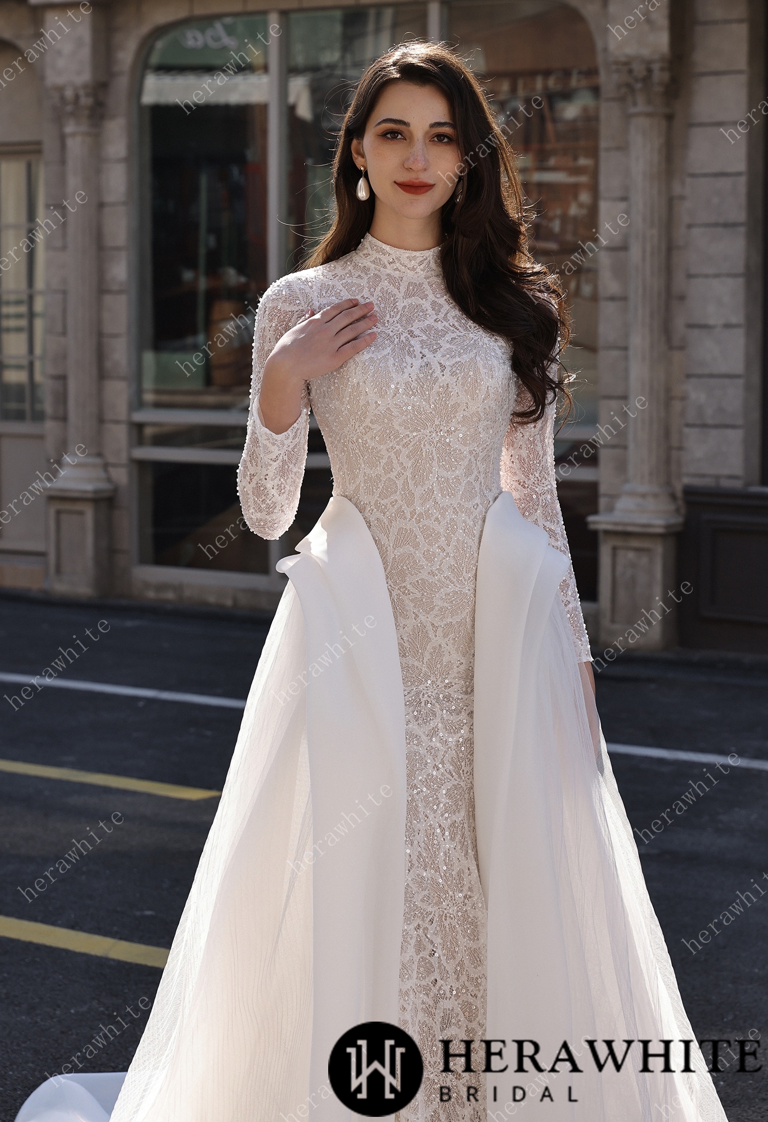 Elegant High-Neck Sequin Lace Sheath Gown with Detachable Sheer Train