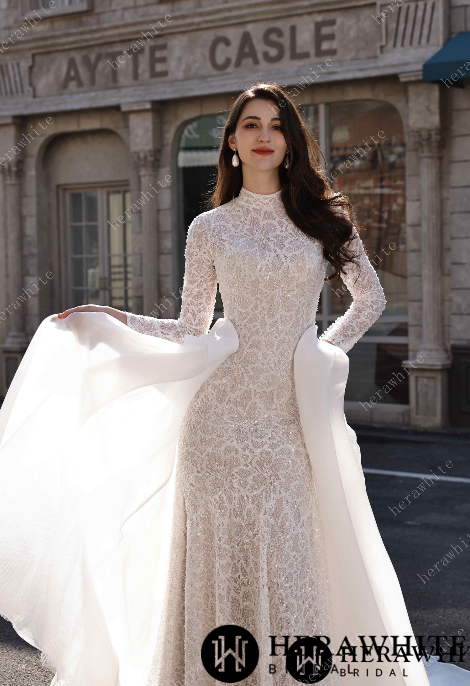 Elegant High-Neck Sequin Lace Sheath Gown with Detachable Sheer Train