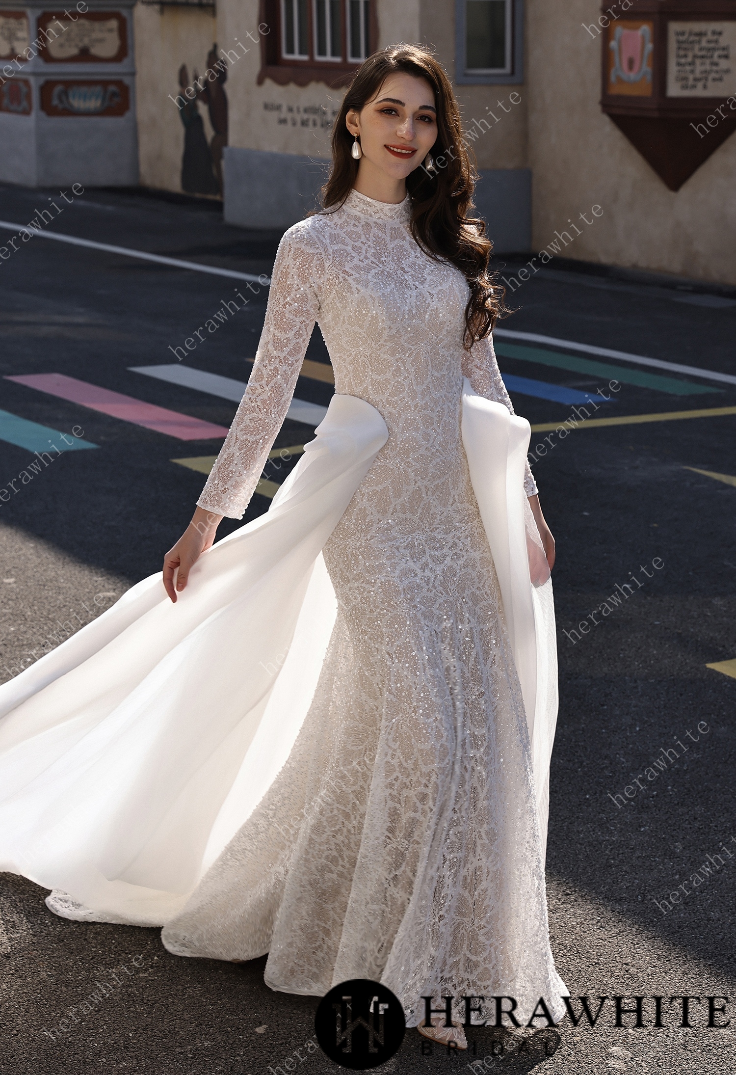 Elegant High-Neck Sequin Lace Sheath Gown with Detachable Sheer Train