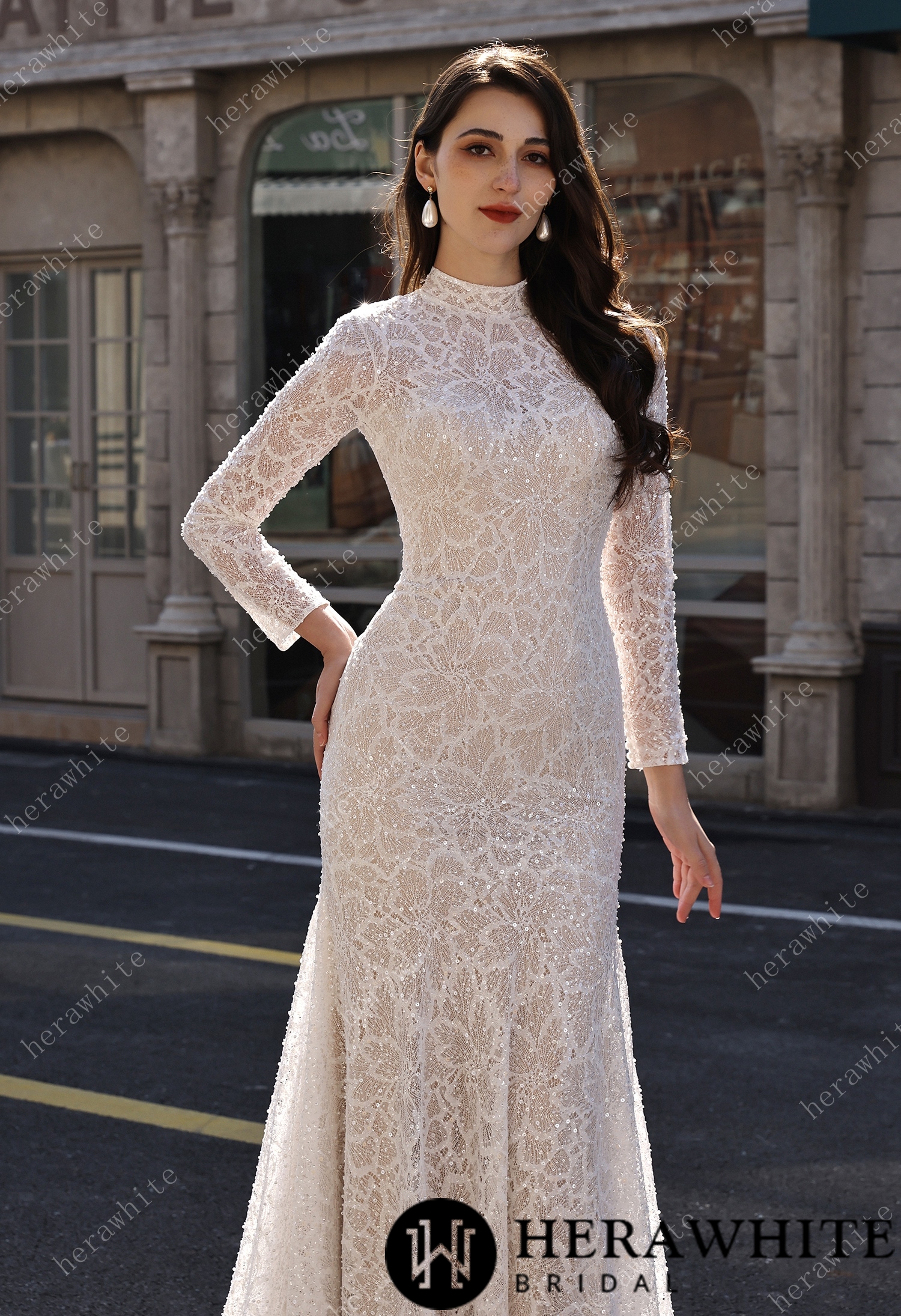 Elegant High-Neck Sequin Lace Sheath Gown with Detachable Sheer Train