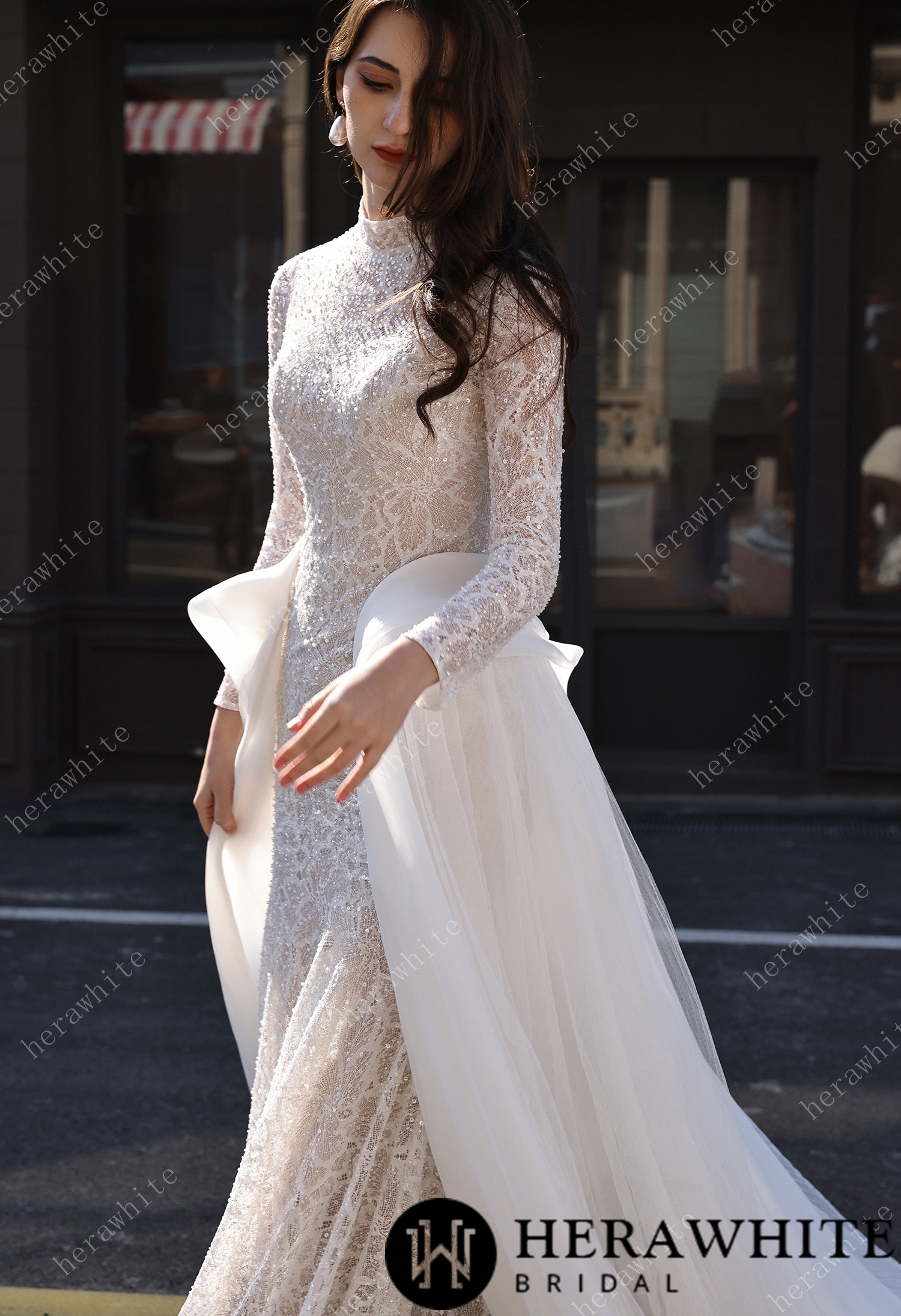 Elegant High-Neck Sequin Lace Sheath Gown with Detachable Sheer Train
